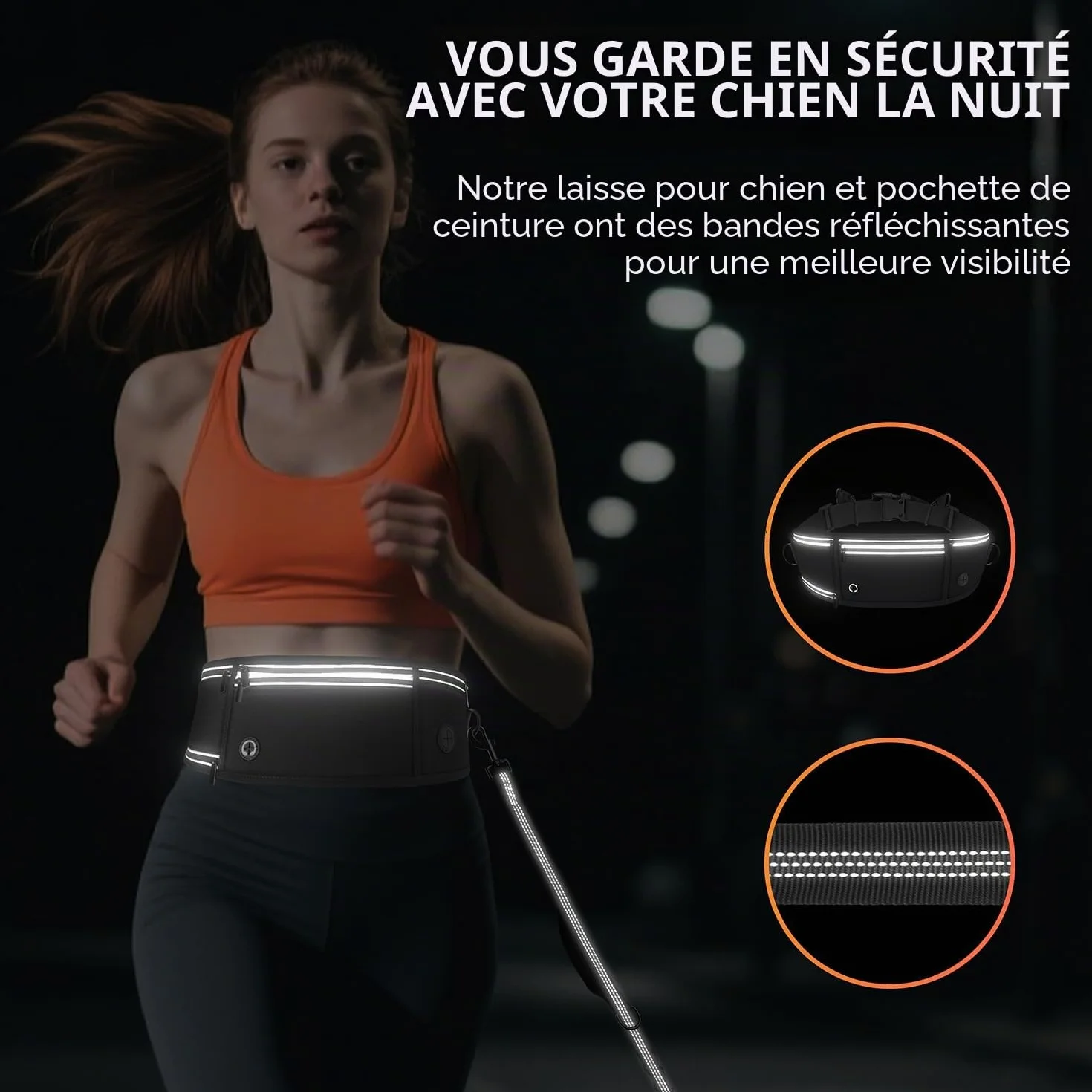 Laisse Canicross Chien Main Libre Longe Jogging Élastique 160-220cm Anti-tirons Réfléchissante Ceinture Réglable Double Poignée
