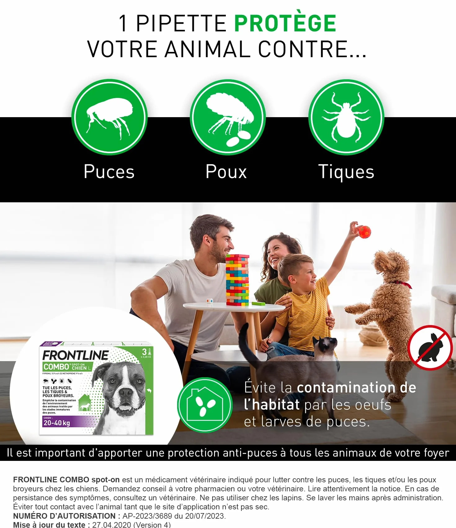 FRONTLINE Combo Chien Anti Puces Tiques Poux 3 Pipettes Spot-On 20-40 kg
