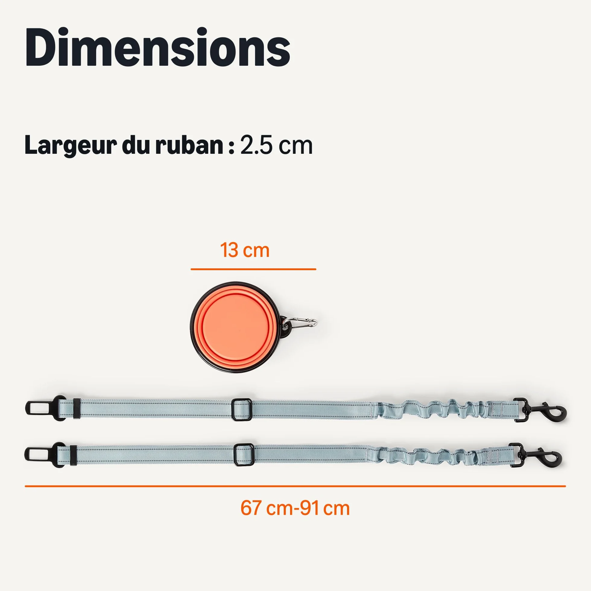Amazon Basics Harnais de Voiture Ajustable pour Chien, Ceinture de Sécurité 67cm, Bol de Voyage Pliable 13x5,5cm, Noir/Bleu/Orange