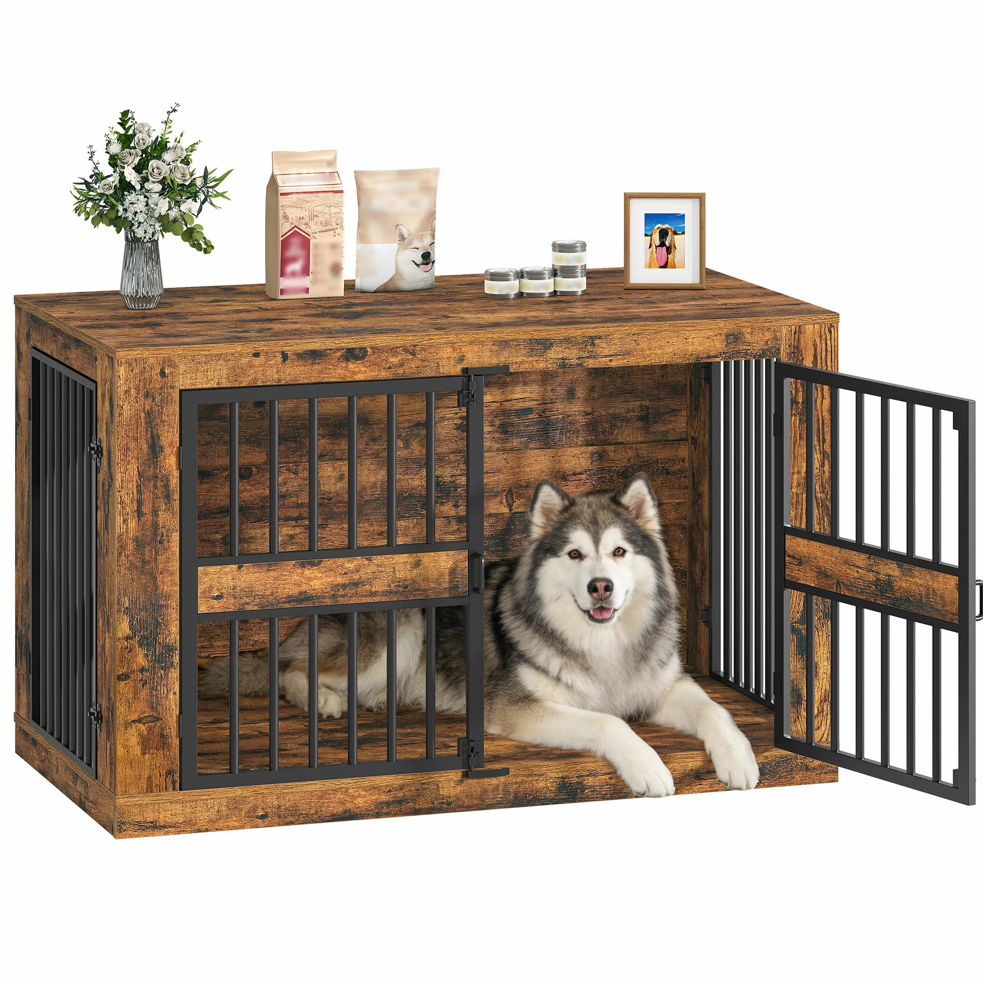Cage pour Chien 120 cm Niche d'Intérieur en Bois Design Moderne 4 Portes XXL Table d'Appoint Marron Rustique
