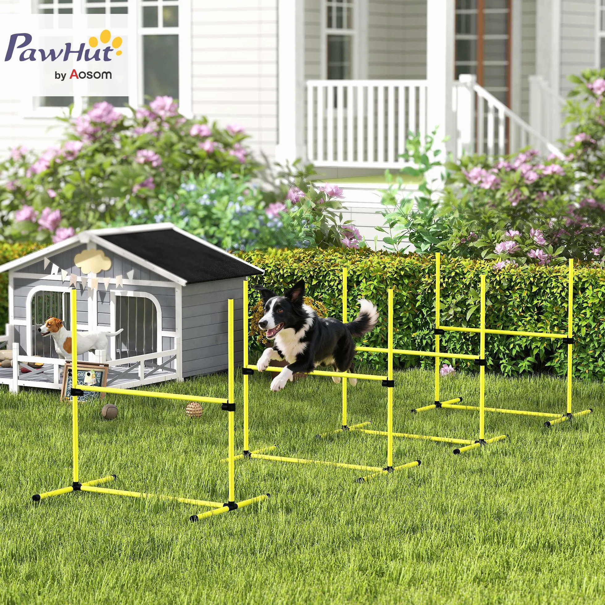 PawHut Kit Agility pour Chiens, 4 Obstacles Professionnels Hauteur Réglable, Parcours Entraînement Jaune