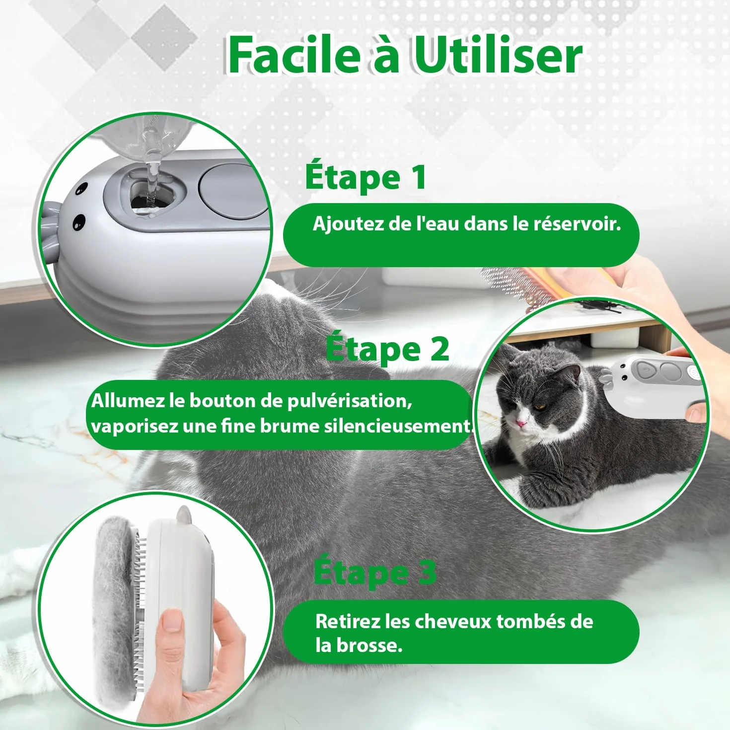 Brosse Vapeur pour Chat Rechargeable Autonettoyant Toilettage Animaux