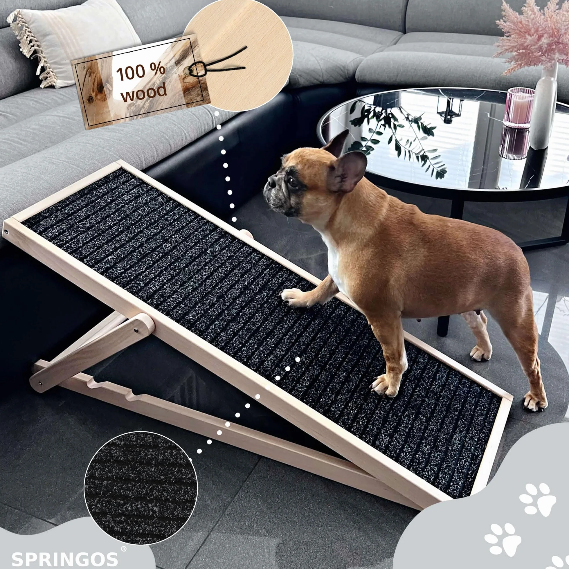 SPRINGOS Rampe pour chien réglable 42,5-59 cm pliable en bois avec insert antidérapant