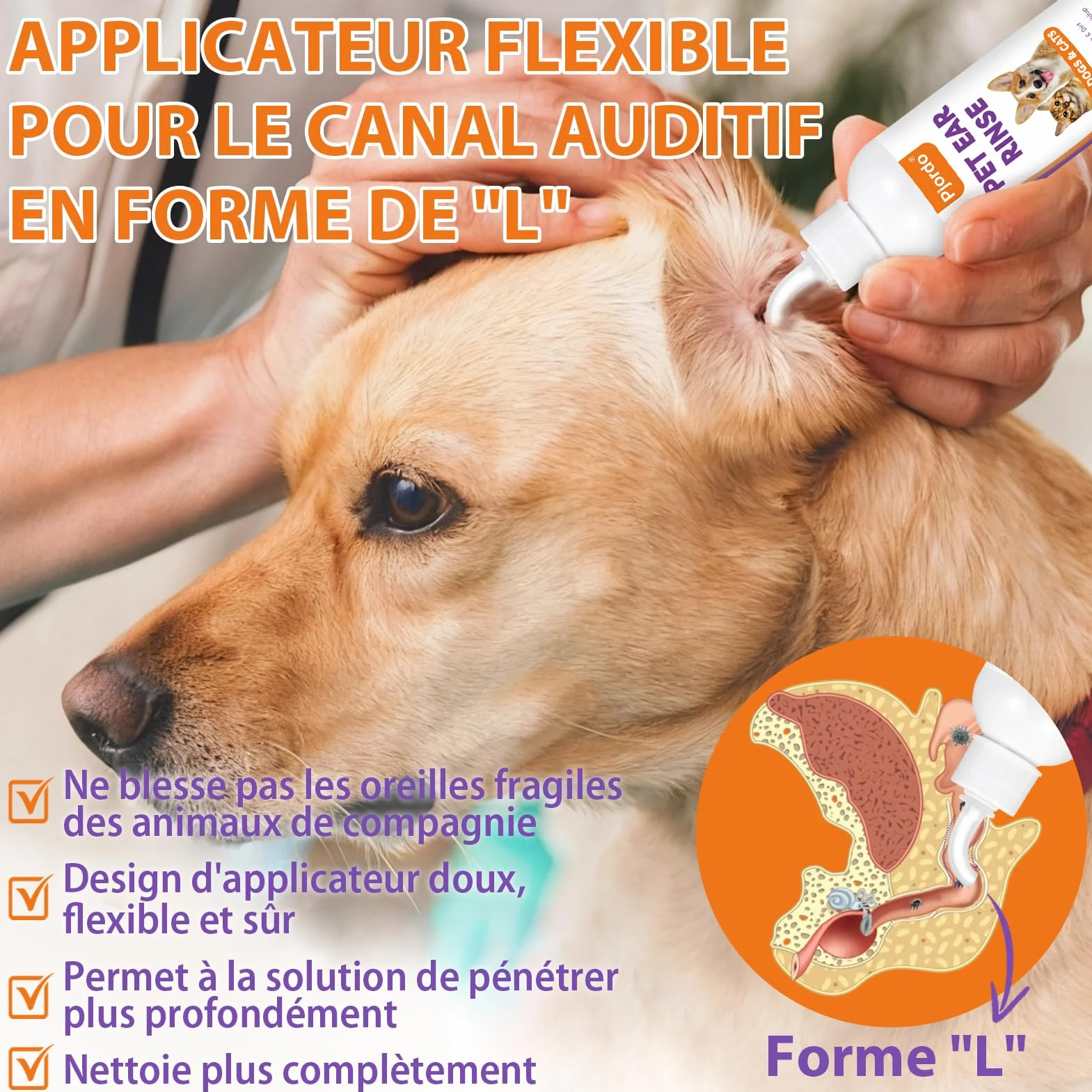 Pjordo Nettoyant pour oreilles de chien avec aloe vera et hamamélis - Lingettes et solution nettoyante