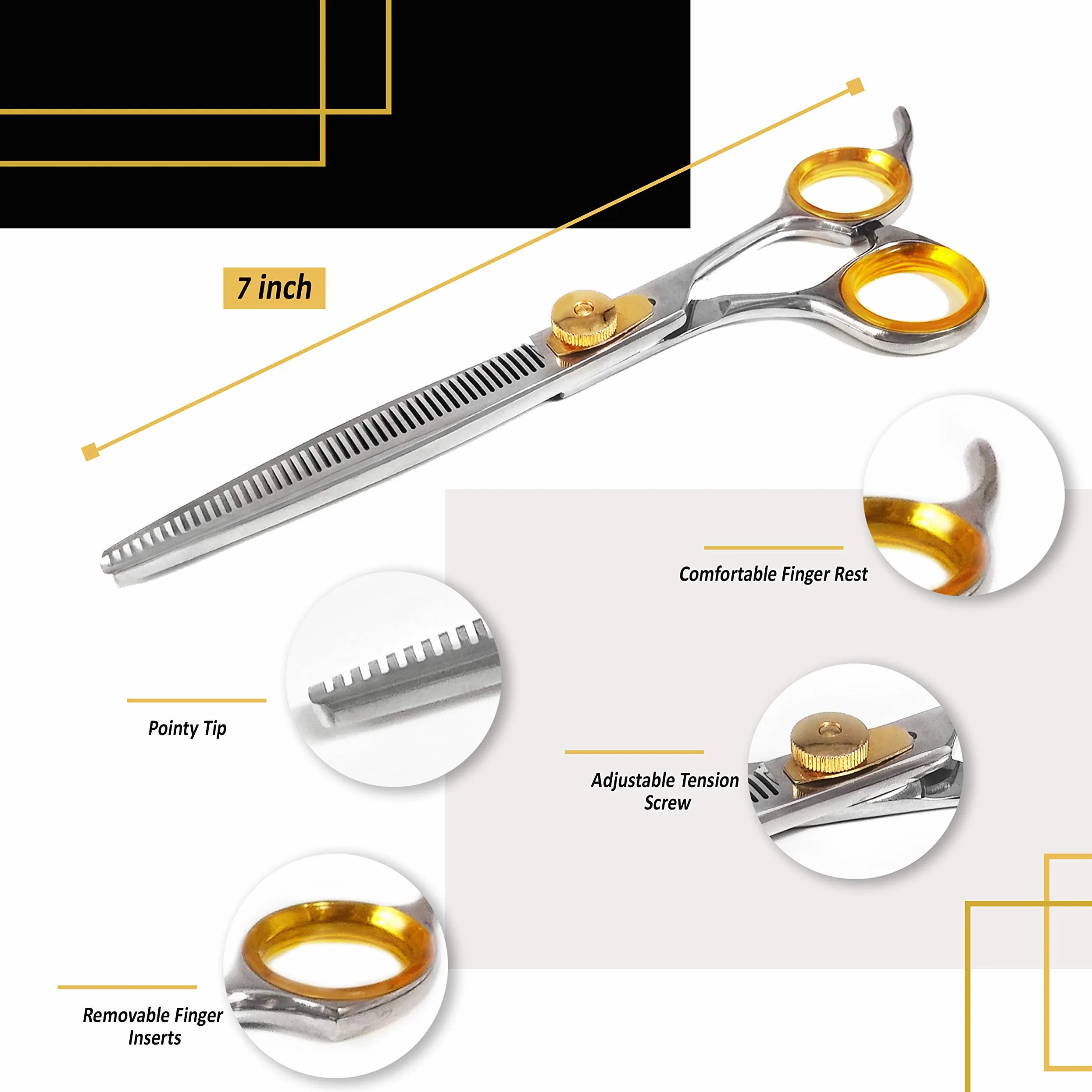 Sharf Ciseaux à effiler Gold Touch - 17,8 cm - 46 dents - Ciseaux de toilettage professionnels pour chien - Pointe fine - Ciseaux à effiler japonais en acier inoxydable 440 C