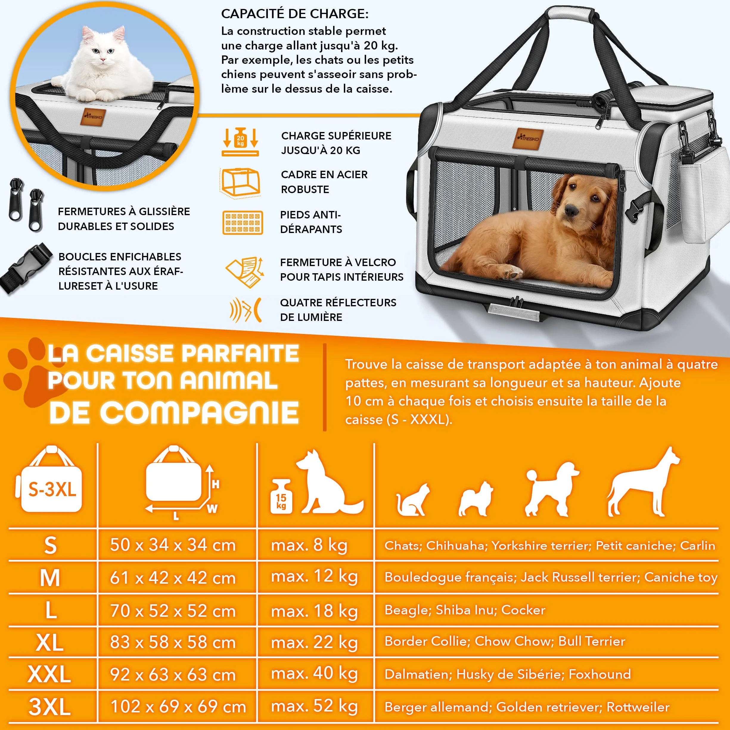 TRESKO Caisse de transport pliable pour chiens et chats, taille M, 61 x 42 x 42 cm, gris