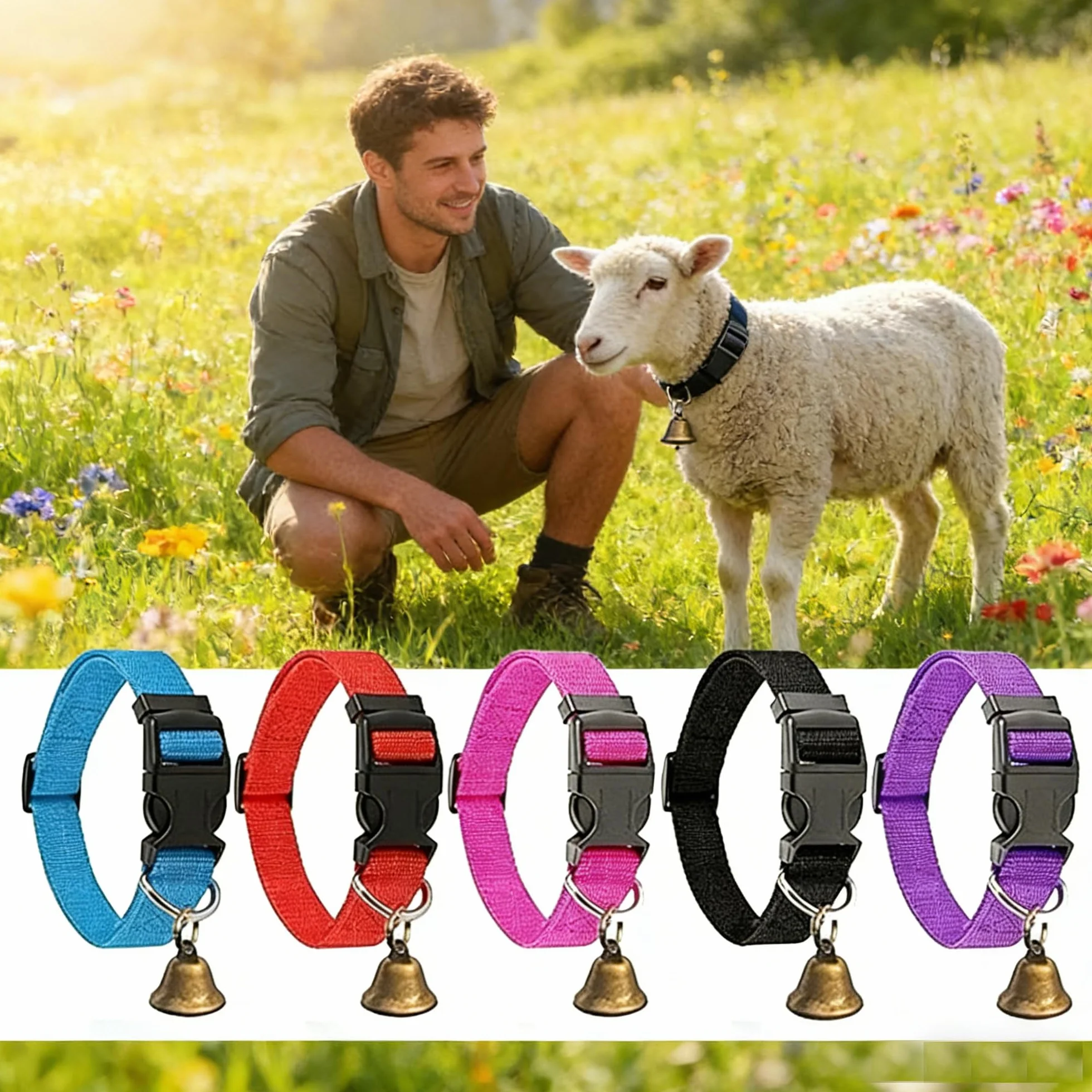 Lot de 10 colliers de chèvre réglables en nylon avec cloche