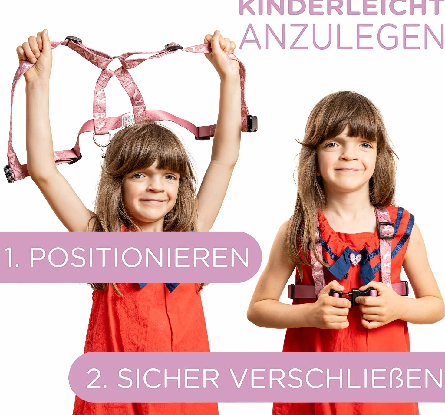 Jubi Laisse de cheval rose pour enfant - Taille réglable avec sac de rangement