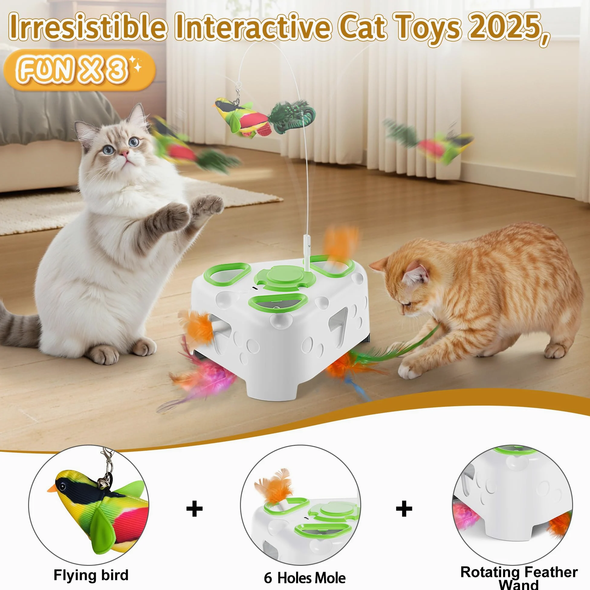 Jouet interactif 3 en 1 pour chat d'intérieur, jouet automatique pour chaton, oiseau volant, taupe à 6 trous, plume rotative, jouet interactif rechargeable USB pour chats d'intérieur ennuyés