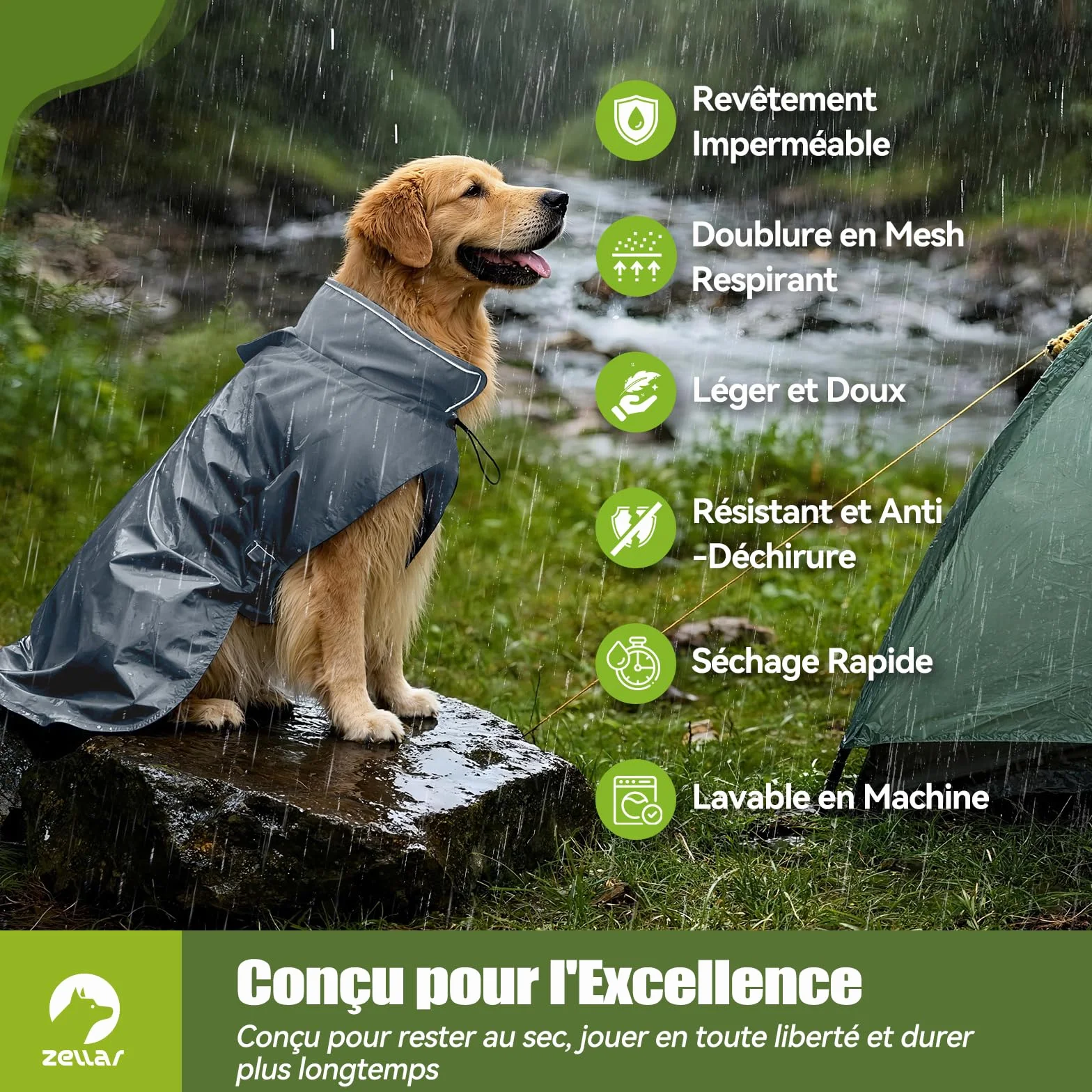 Manteau de Pluie Imperméable pour Chien Zellar, Adjustable et Léger avec Bande Réfléchissante & Passage pour la Laisse, Enfilage Facile, Manteau Chien Imperméable pour Chiens Moyens et Grands, M Gris