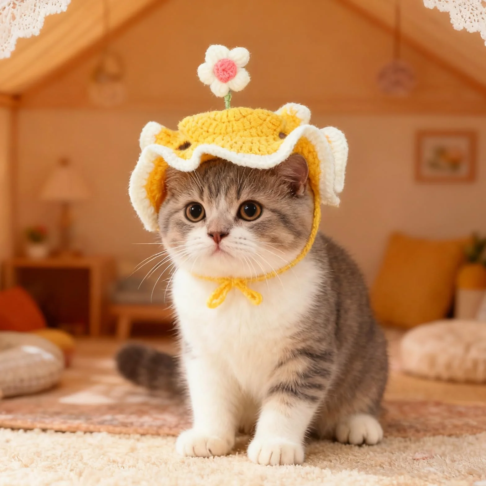 Chapeau d'anniversaire pour Chat avec Trous Oreilles, Ajustable, Tricoté, Mignon Design Fleur, Jaune