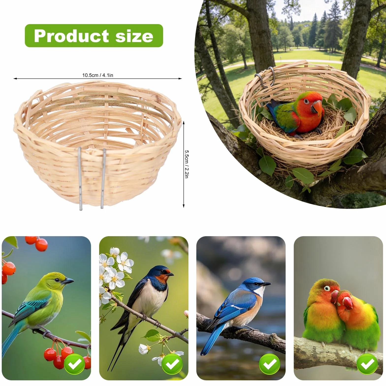 Nid D'oiseau Fait à la Main en Bambou pour Petits Perroquets Canaris Calopsittes avec Crochet