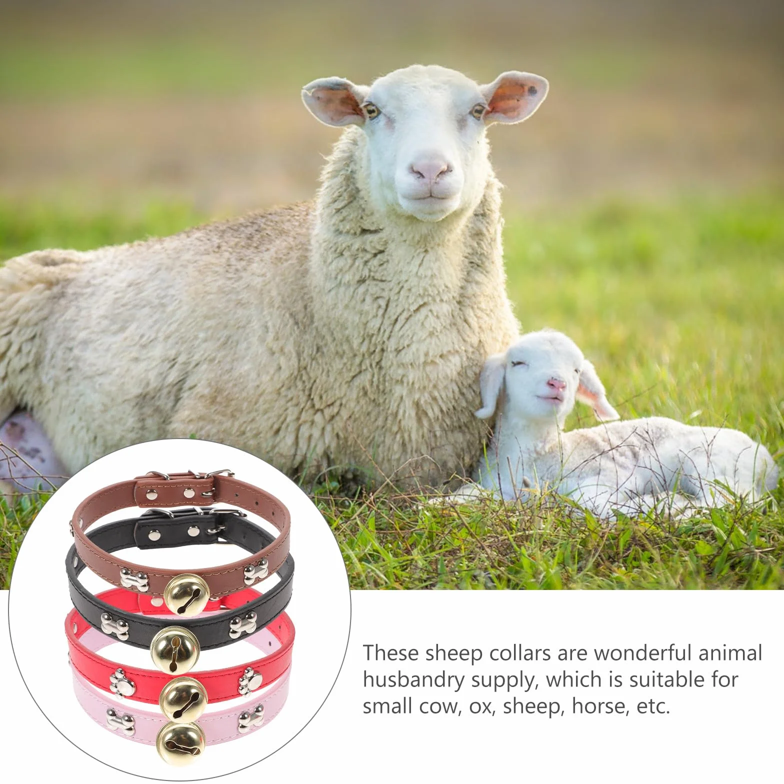 Gatuida Lot de 4 Colliers en PU Réglables pour Bétail avec Clochettes, Design à Trous pour Ajustement Facile, Adaptés pour Vaches et Chèvres en Élevage