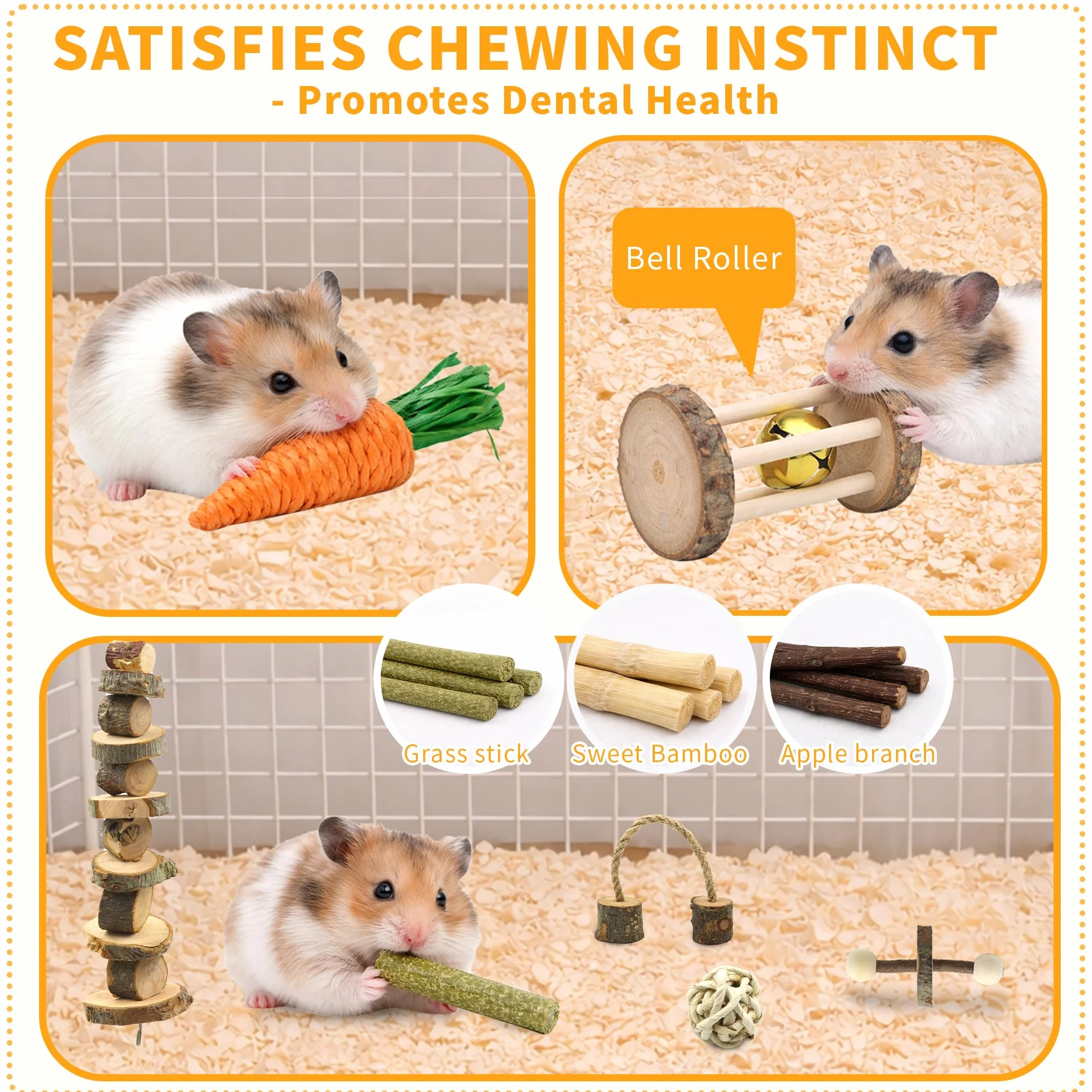 Lot de 20 accessoires pour cage à hamster, roue silencieuse de 24 cm, jouets à mâcher, maison en bois et bouteille d'eau avec support pour chinchillas, lapins, cochons d'Inde, rats, petits animaux