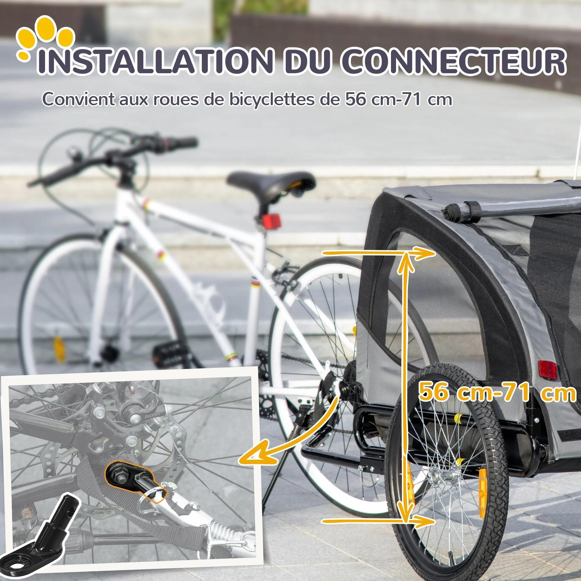 PawHut Remorque vélo Chien avec pneus 20 Pouces - Chariot pour Chien Moyen avec Structure en Acier et Mailles renforcées - Transport Animaux pour VTT et Balade extérieur