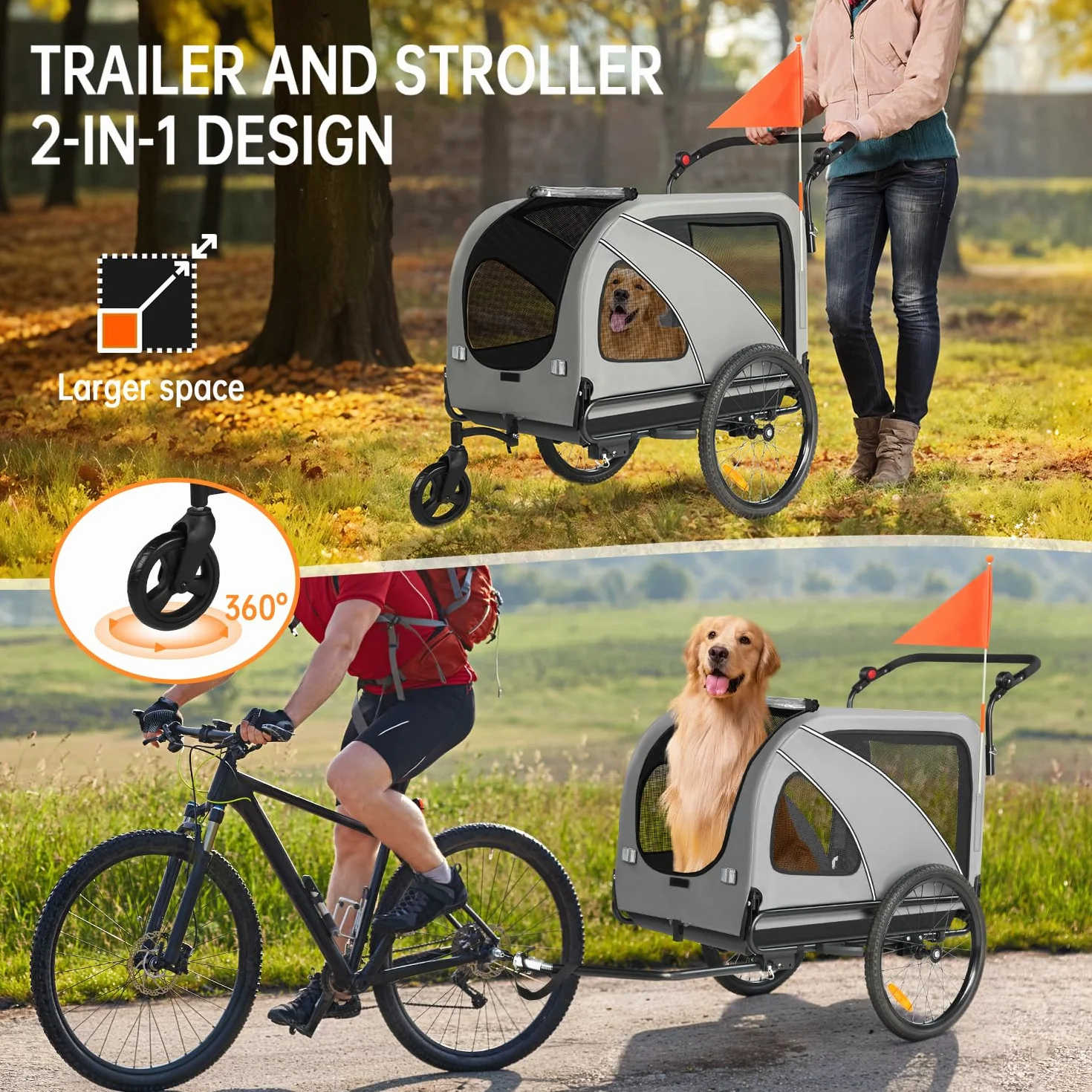 Remorque de vélo XXL 2 en 1 pour Chien - Remorque Pliable pour Chien avec Ouverture de Toit, réflecteurs et Bandes réfléchissantes, attelage de vélo Universel, poignée réglable en Hauteur