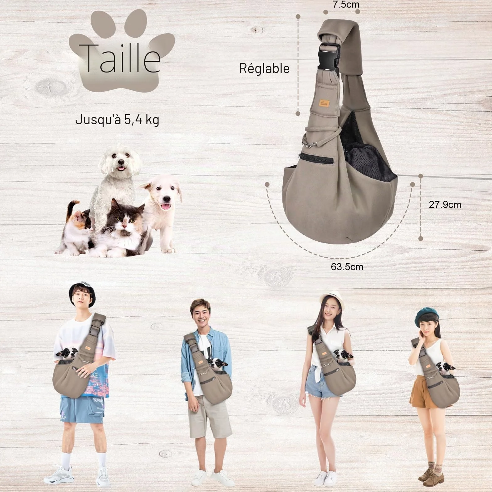 CUBY Sac de transport pour chiot réglable et réversible bandoulière protection ceinture sécurité poche zippée
