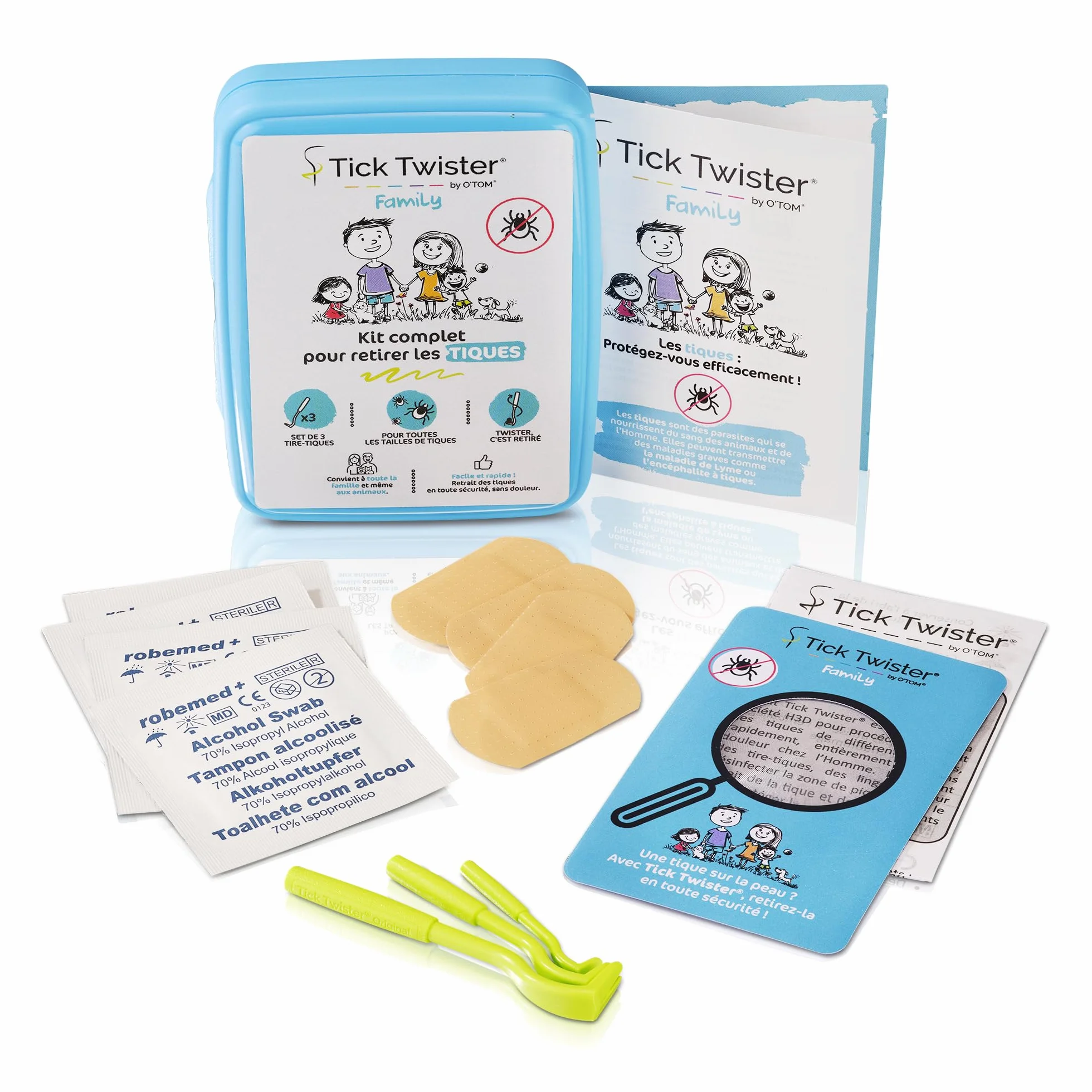 Kit Retrait Tique pour Chien Chat Humain – Pince à Tique Set 3, Lingettes Désinfectantes, Pansements, Loupe, Boîte Rangement