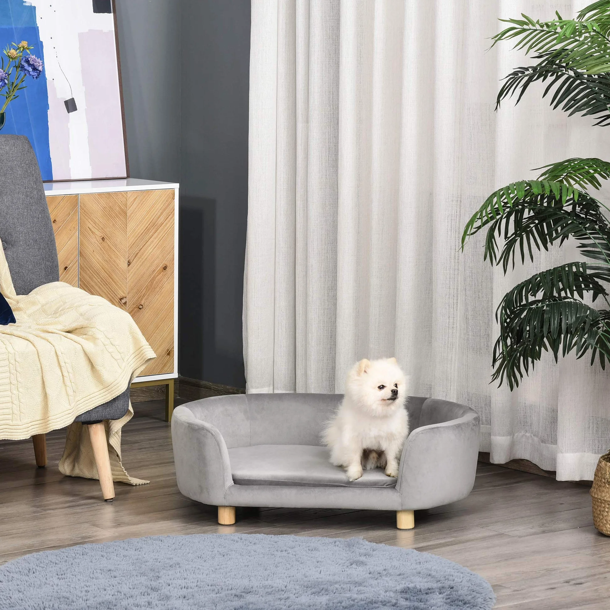 Pawhut Canapé pour chien Lit velours hollandais Mousse Pieds bouleau 86 x 55 x 33 cm Vert clair