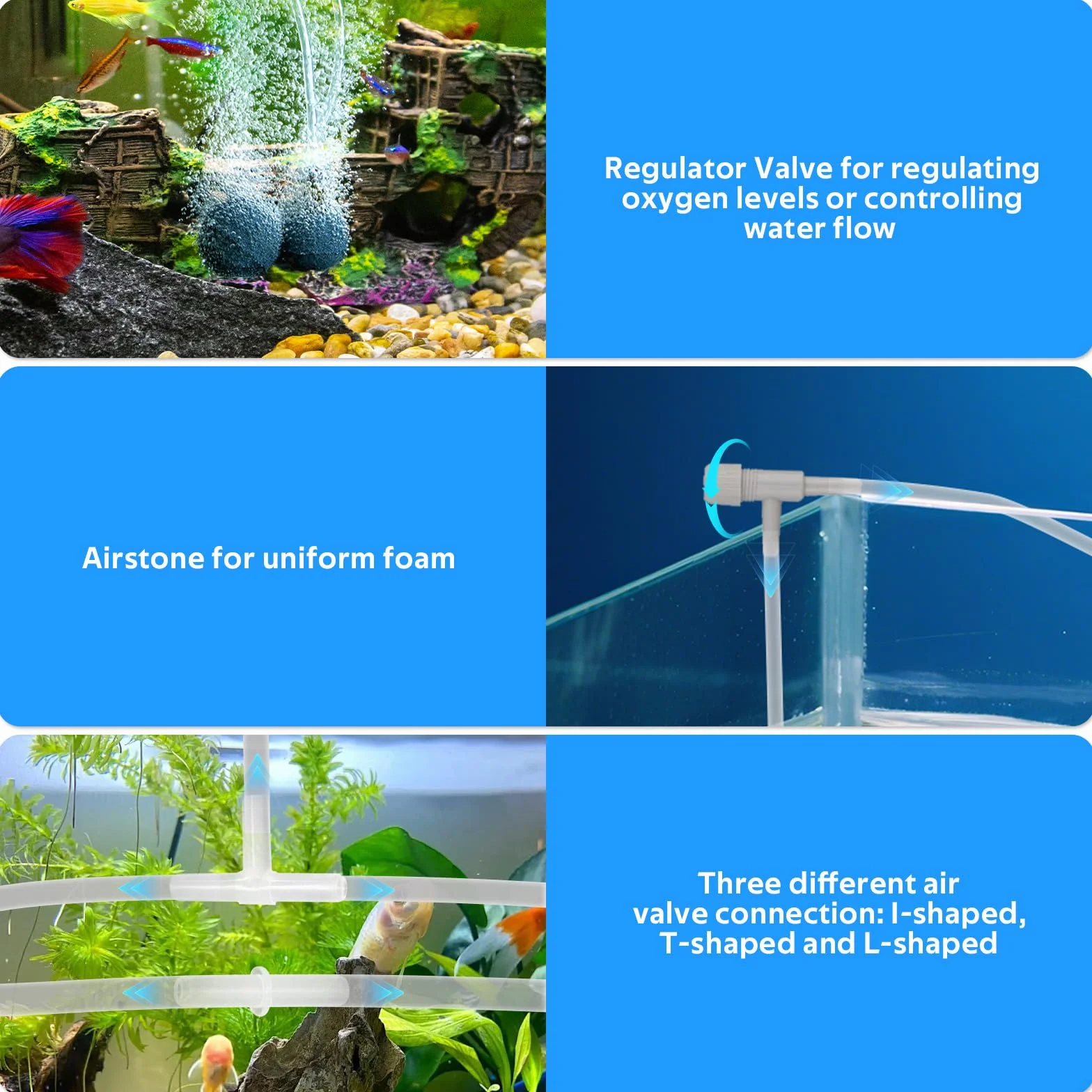 Accessoires de Pompe à Air pour Aquarium, 5 Voies Séparateur de Flux d'Air, 10M Tuyau, Pierre à Air, Valves Anti-Retour, Ventouse, Connecteurs