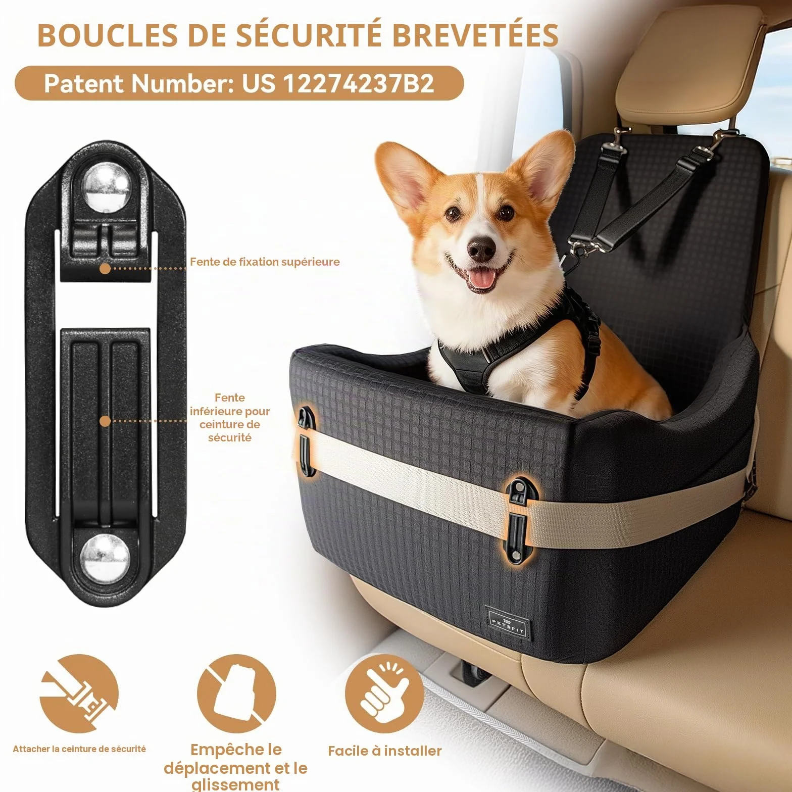 PETSFIT Siège Auto pour Chien jusqu'à 15kg – Système de Sécurité Breveté, Coussin Mémoire de Forme 13cm, Housse Lavable, Noir & Gris