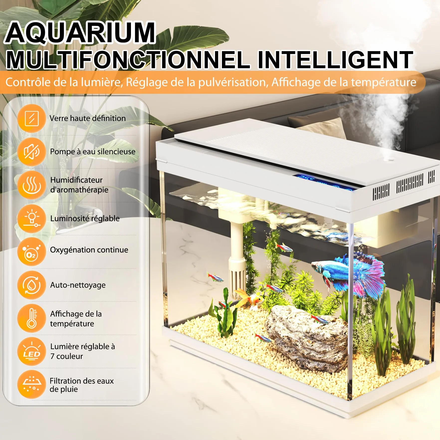 Aquarium 9L avec Humidificateur Intelligent 3 en 1, Affichage Température, Éclairage 7 Couleurs, Écran UHD