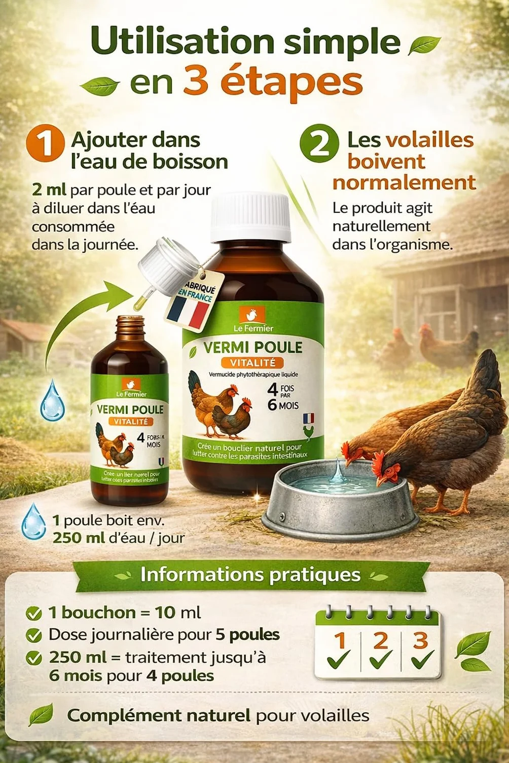 Vermipoule 500 ML Vermifuge Naturel Poules Volailles Défense Contre Parasites Internes Complément Alimentaire Liquide