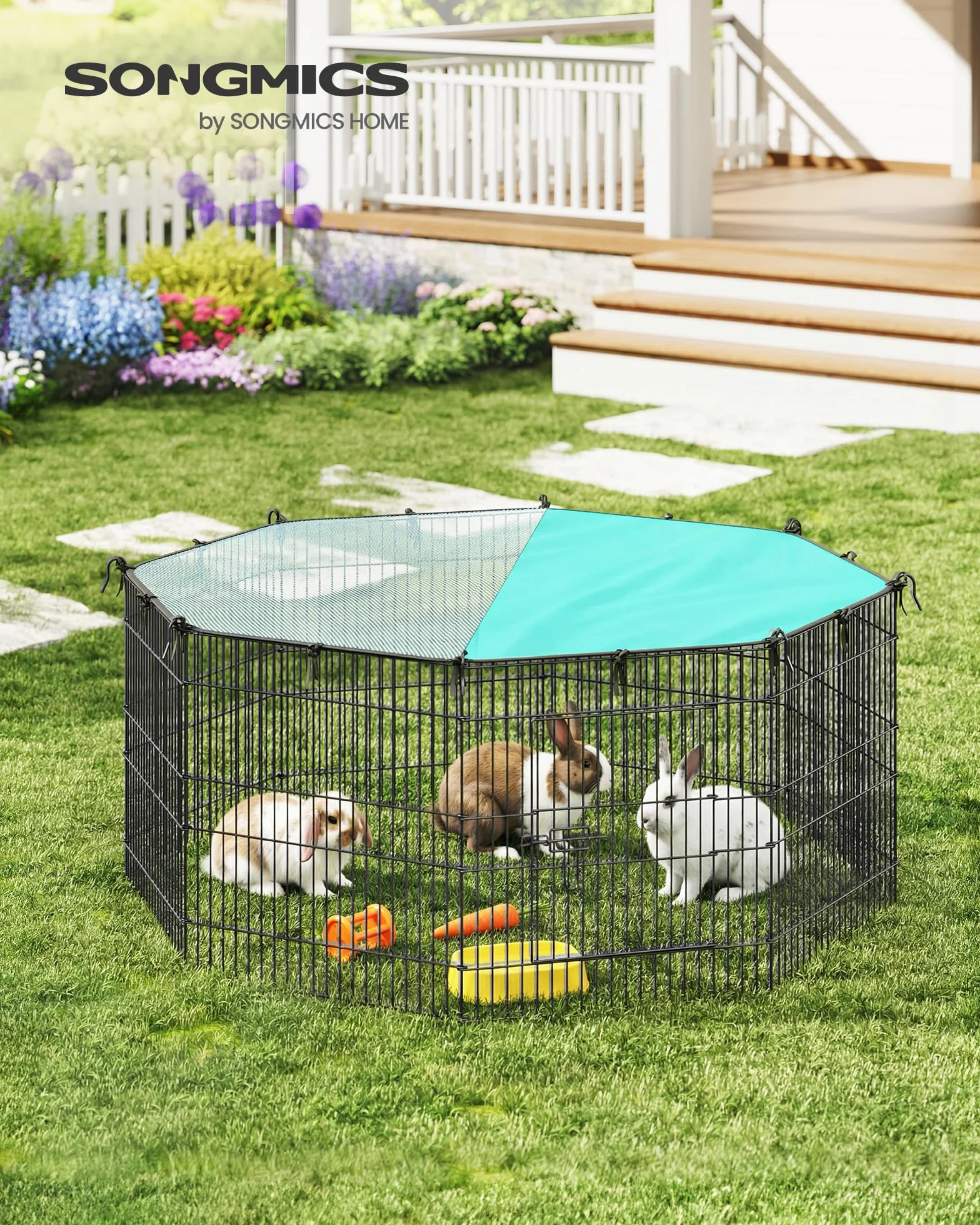 SONGMICS Enclos pour Petits Animaux 8 Panneaux 138 x 138 x 60 cm Noir d'encre avec Toit Respirant Protection Solaire