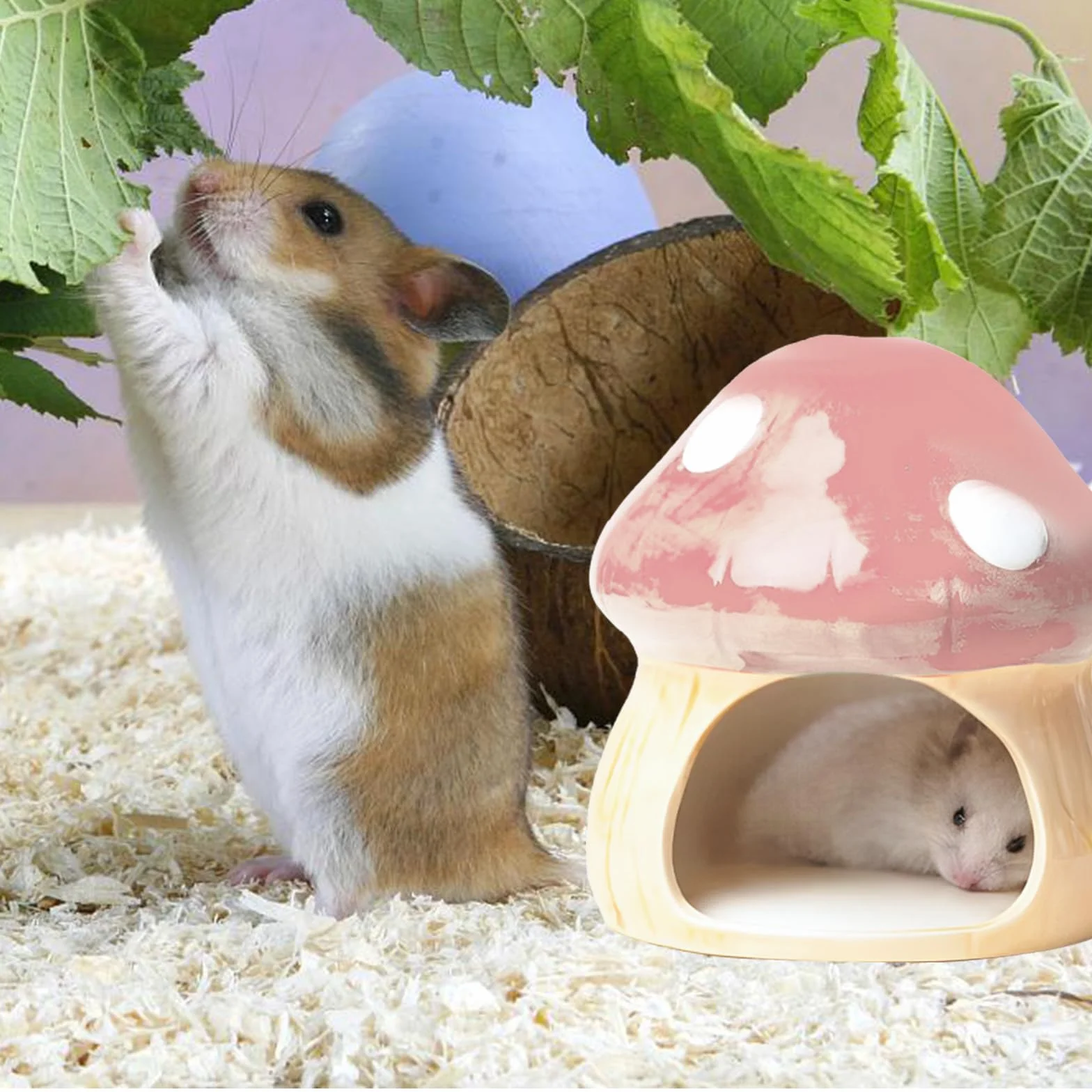 Nizirioo Niche unique en céramique pour hamster : cachette durable pour hamster, cabane et jouet dentaire, tunnel en forme de champignon, grandes entrées pour gerbilles, souris, chinchillas (rose)