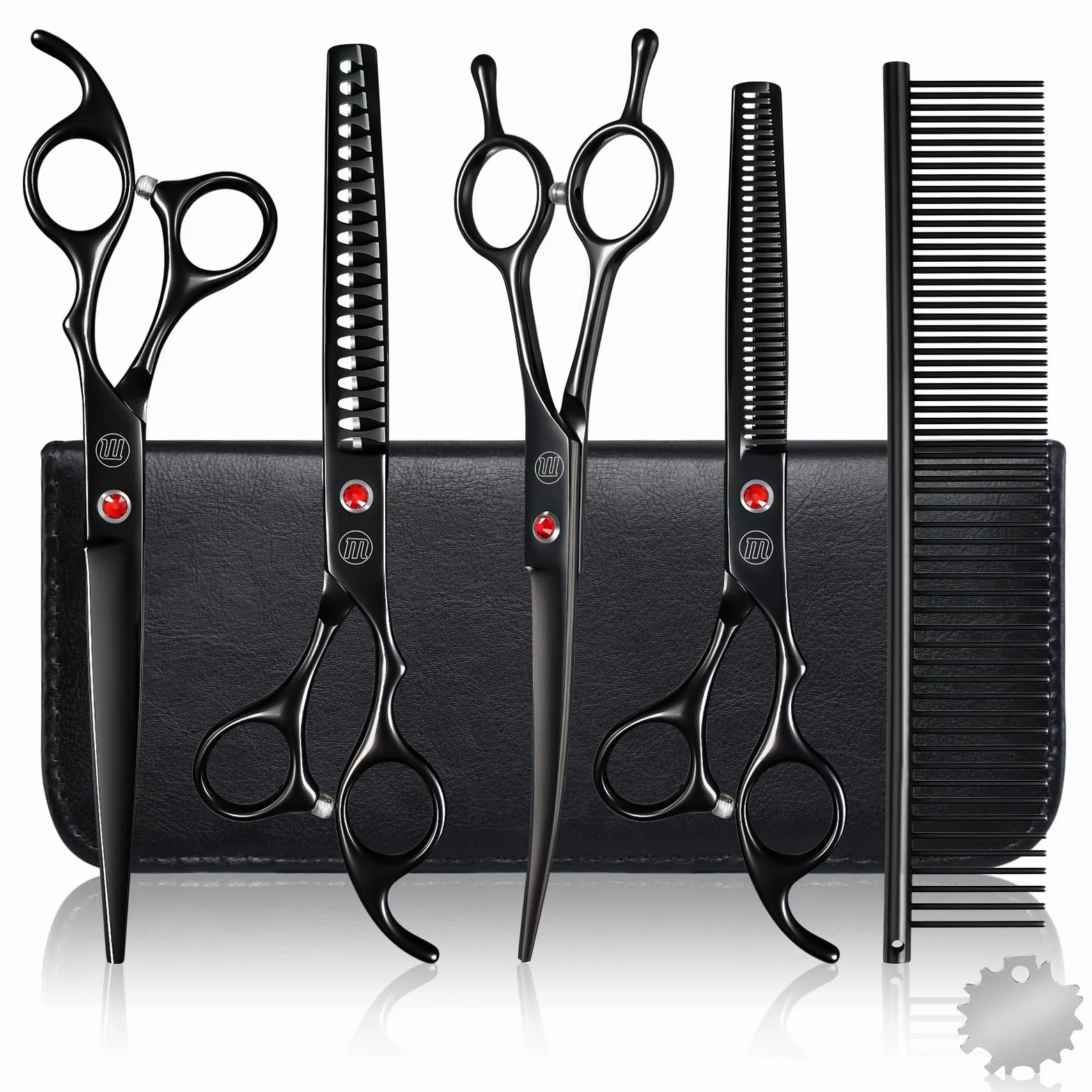 Moontay Professionnel Ciseaux Toilettage Chien et Animaux - Set Acier Inoxydable avec Droits, Courbés, Arête de Poisson, Effileurs, Peigne et Tissu de Nettoyage - Noir