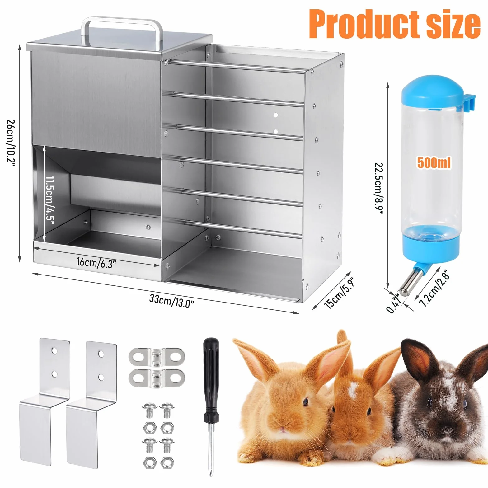 Mangeoire Automatique pour Lapin 2 en 1 avec Bouteille d'Eau 5L Distributeur Acier Inoxydable