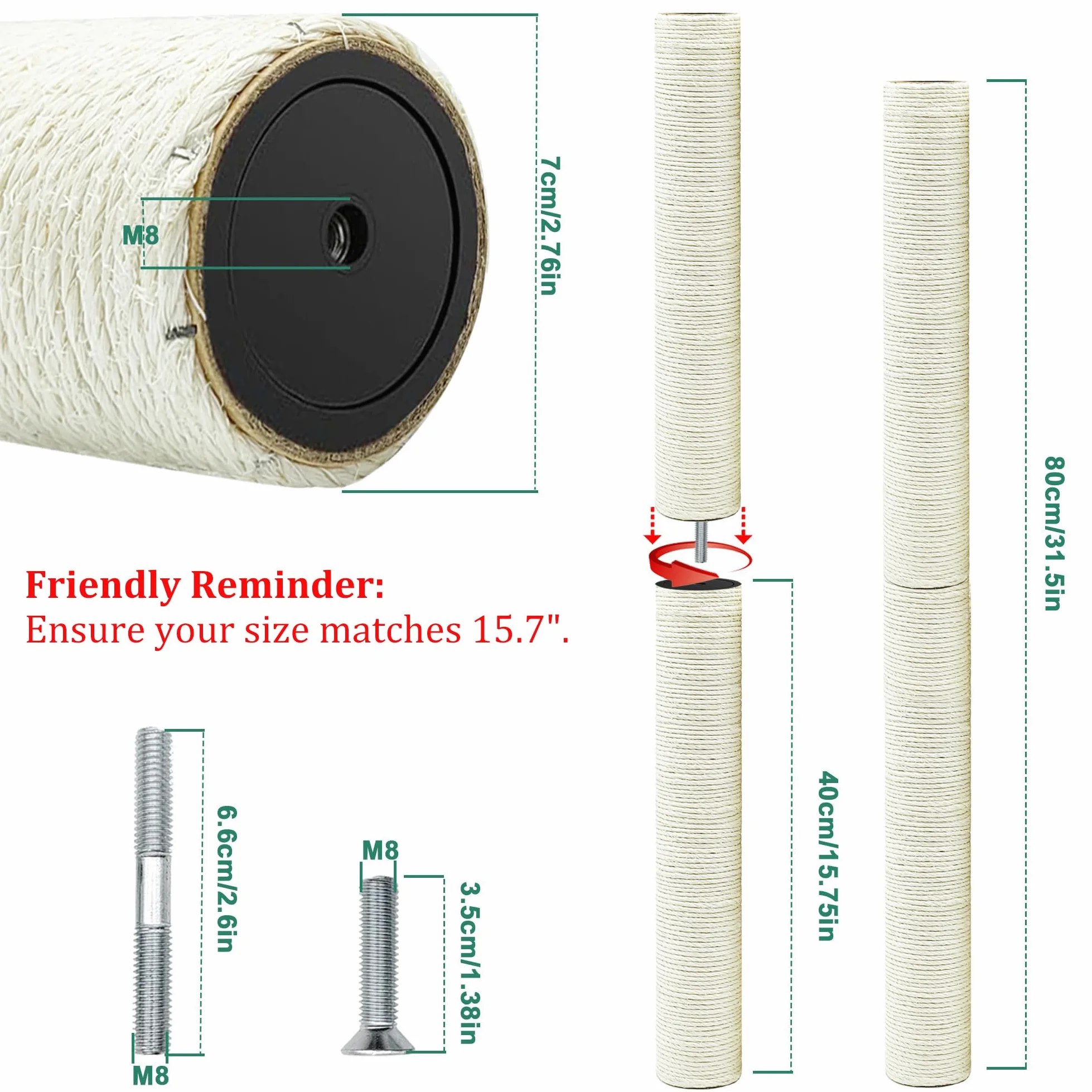 Lot de 2 poteaux de Rechange pour Arbre à Chat de 30 cm, en sisal Naturel avec vis M8, griffoir de Rechange pour Chat (30 cm)