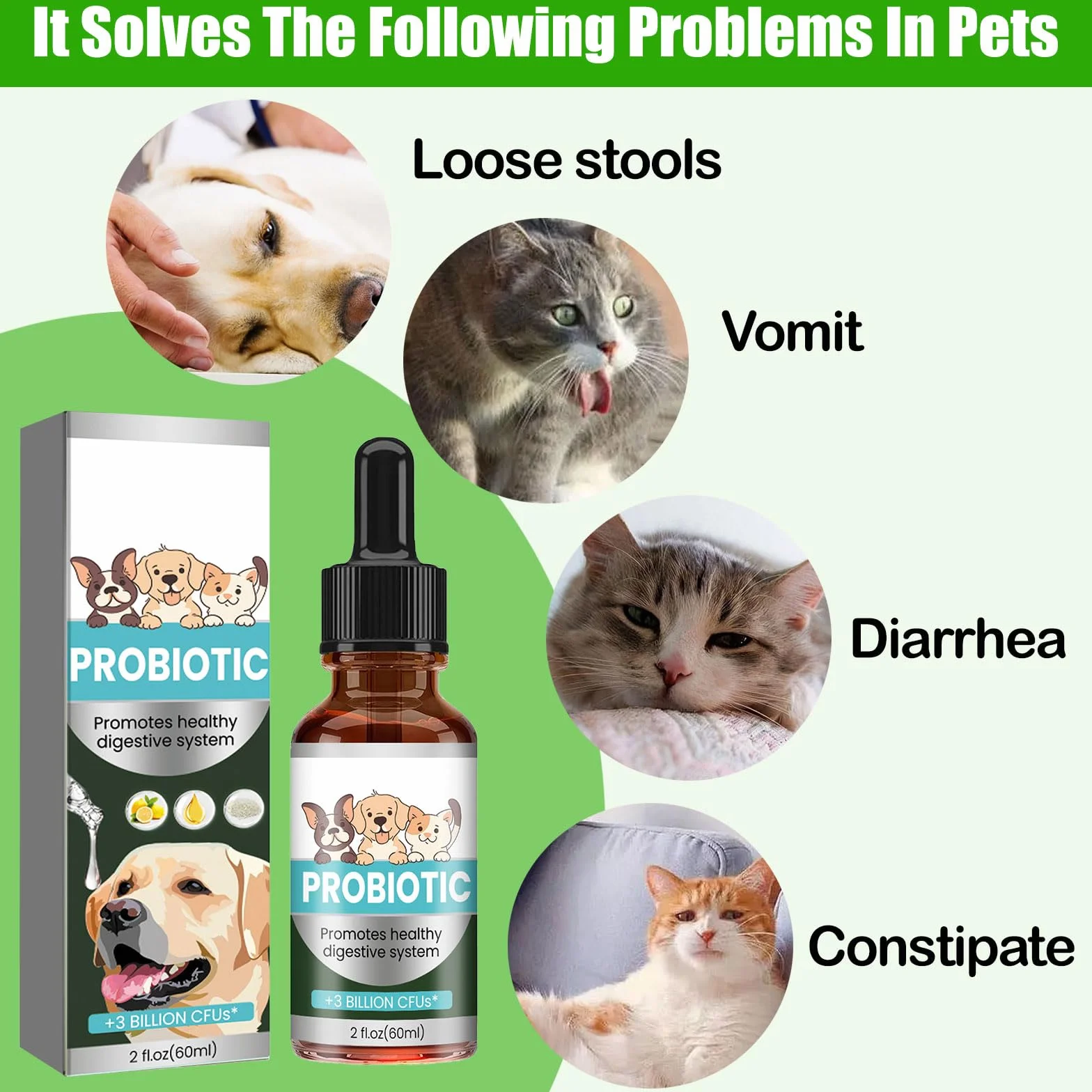 Probiotiques Chien Chat 60ML Antibiotiques pour Chats Soulagement Constipation