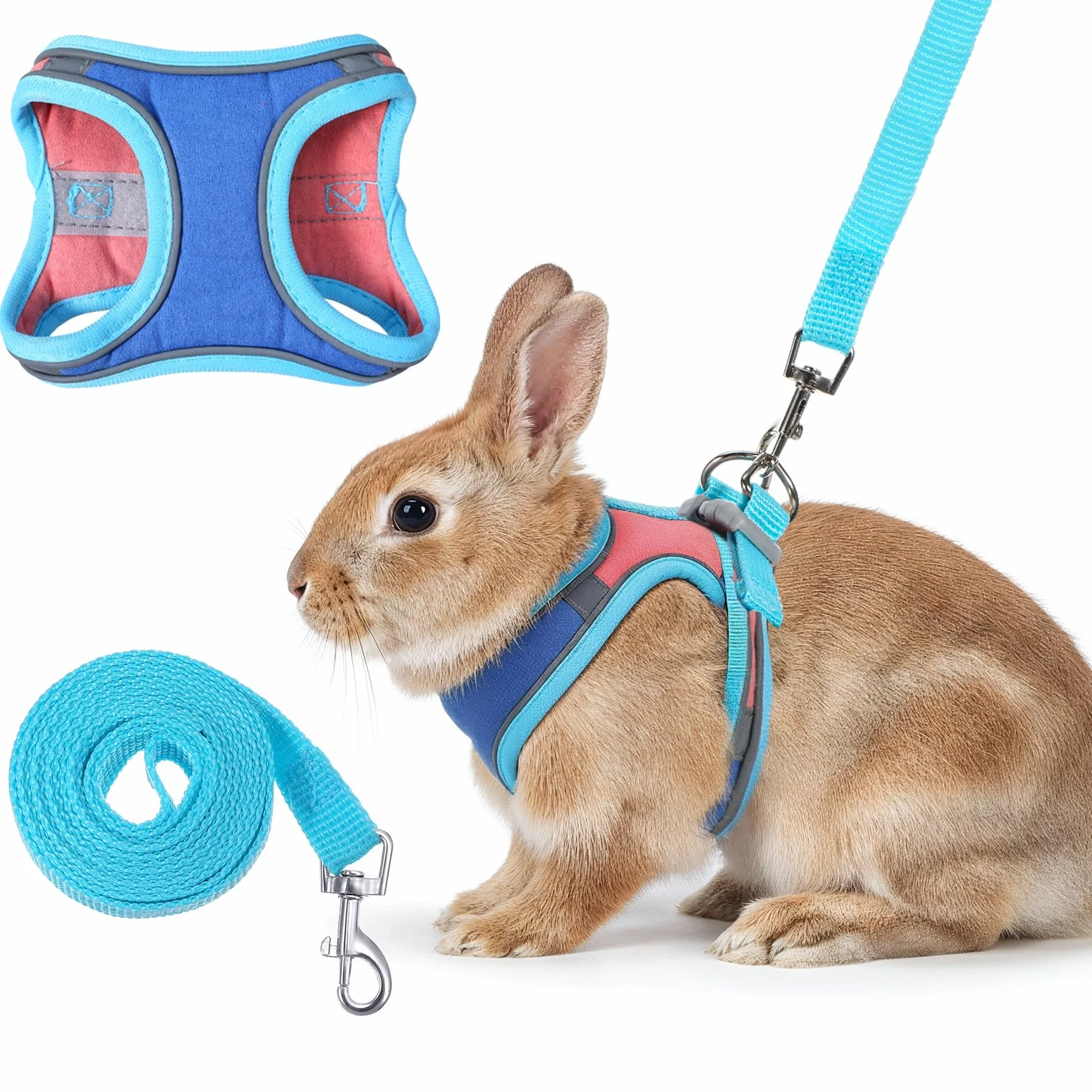Harnais souple pour lapin avec laisse réglable pour lapin - Accessoires pour chatons - Harnais pour chats et autres petits animaux de compagnie - Bleu, M