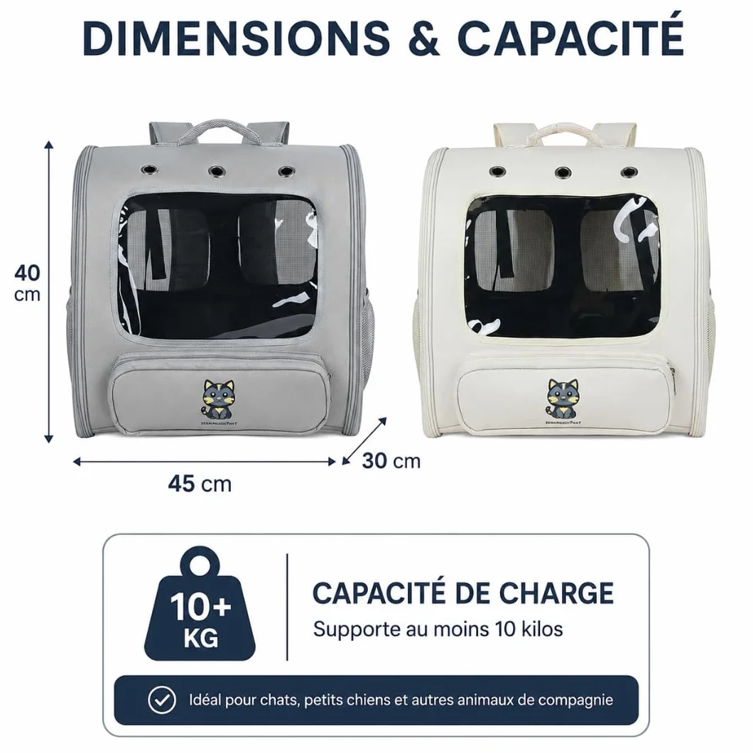 Sac de Transport pour Chat avec fenêtre panoramique – Structure Rigide, Ventilation Multiple – 45×30×40 cm (Gris foncé)