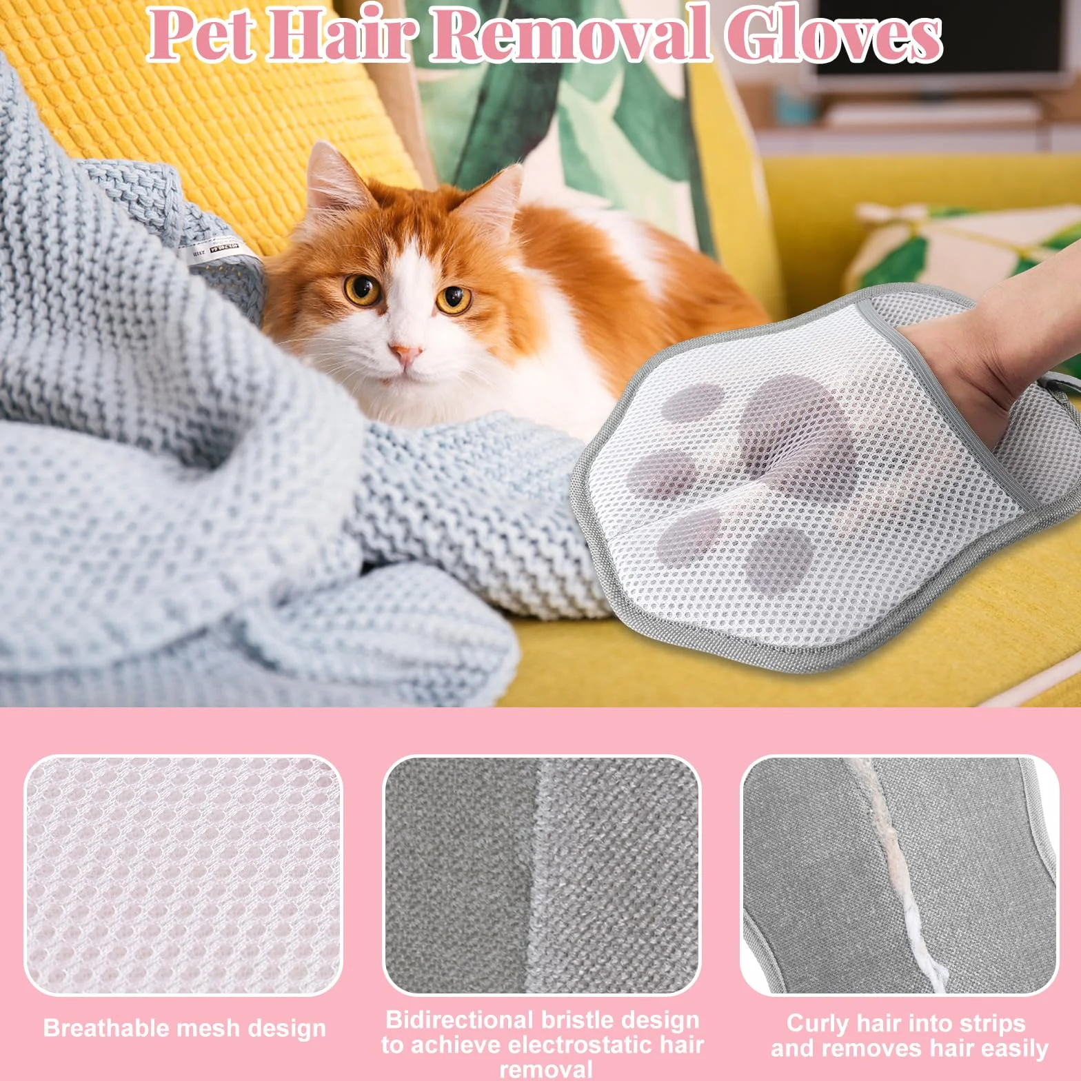 Gant Ramasse Poils Animaux Double Face Anti Poil Chat Chien Réutilisable Brosse Électrostatique Canapé Vêtements Rose Gris