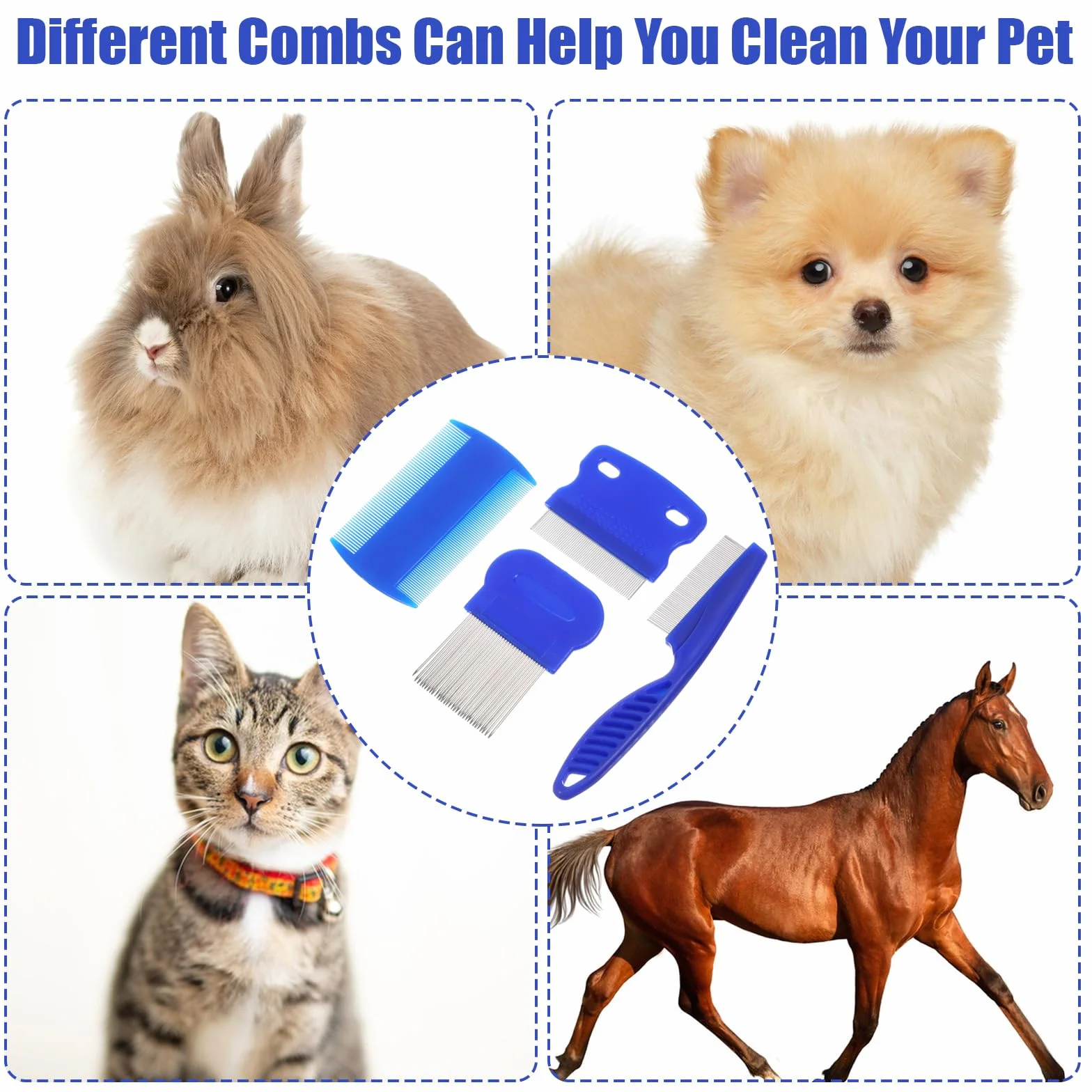 Molain Lot de 4 peignes anti-poux en métal pour chat et chien - Peigne anti-puces en plastique double face - Peigne anti-poux en acier inoxydable - Peigne à poux en métal - Bleu