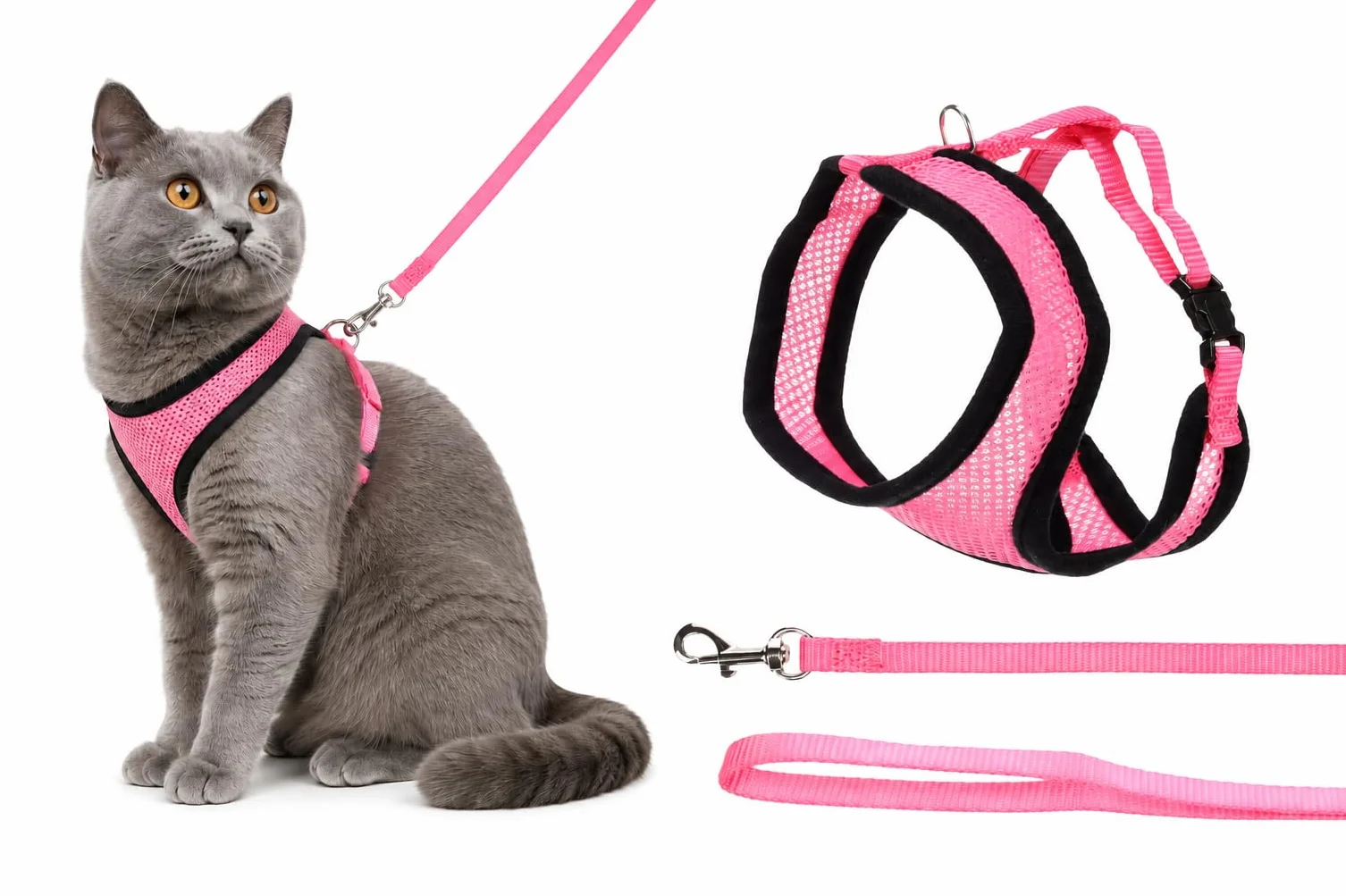 Harnais pour Chat Harms Rose avec Laisse 28cm 32-41cm 110cm Mesh Respirant Réglable