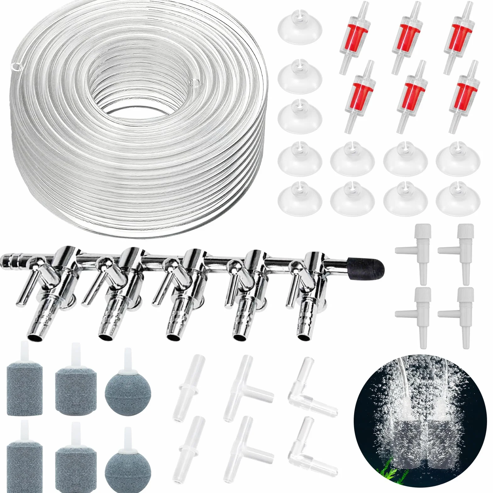 Accessoires de Pompe à Air pour Aquarium, 5 Voies Séparateur de Flux d'Air, 10M Tuyau, Pierre à Air, Valves Anti-Retour, Ventouse, Connecteurs