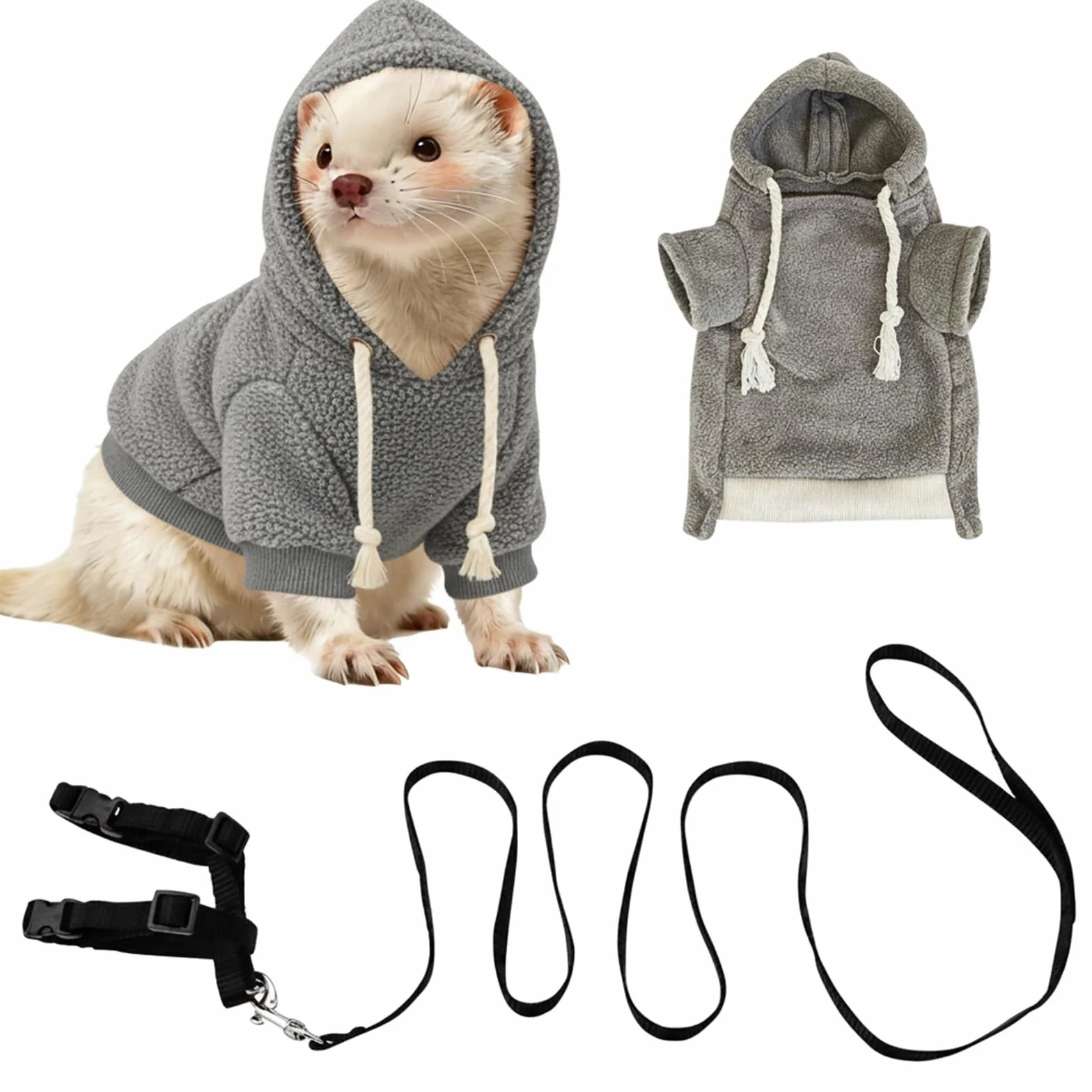 Ensemble vêtements et laisse pour furet, pull à capuche chaud avec harnais et laisse pour la promenade en plein air, vêtement confortable pour furets, chinchillas, petits animaux de compagnie, tenue