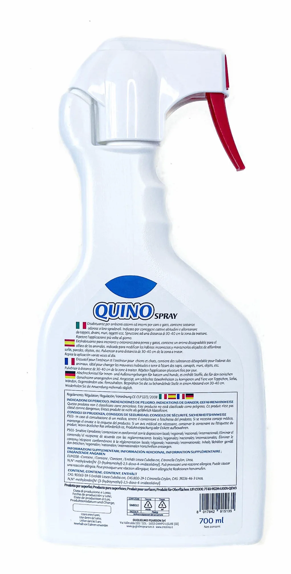 PEARSON Repulsif Chat Exterieur et Intérieur 700ML, Anti Urine Chat Chien, Spray Dissuasif Made in Italy