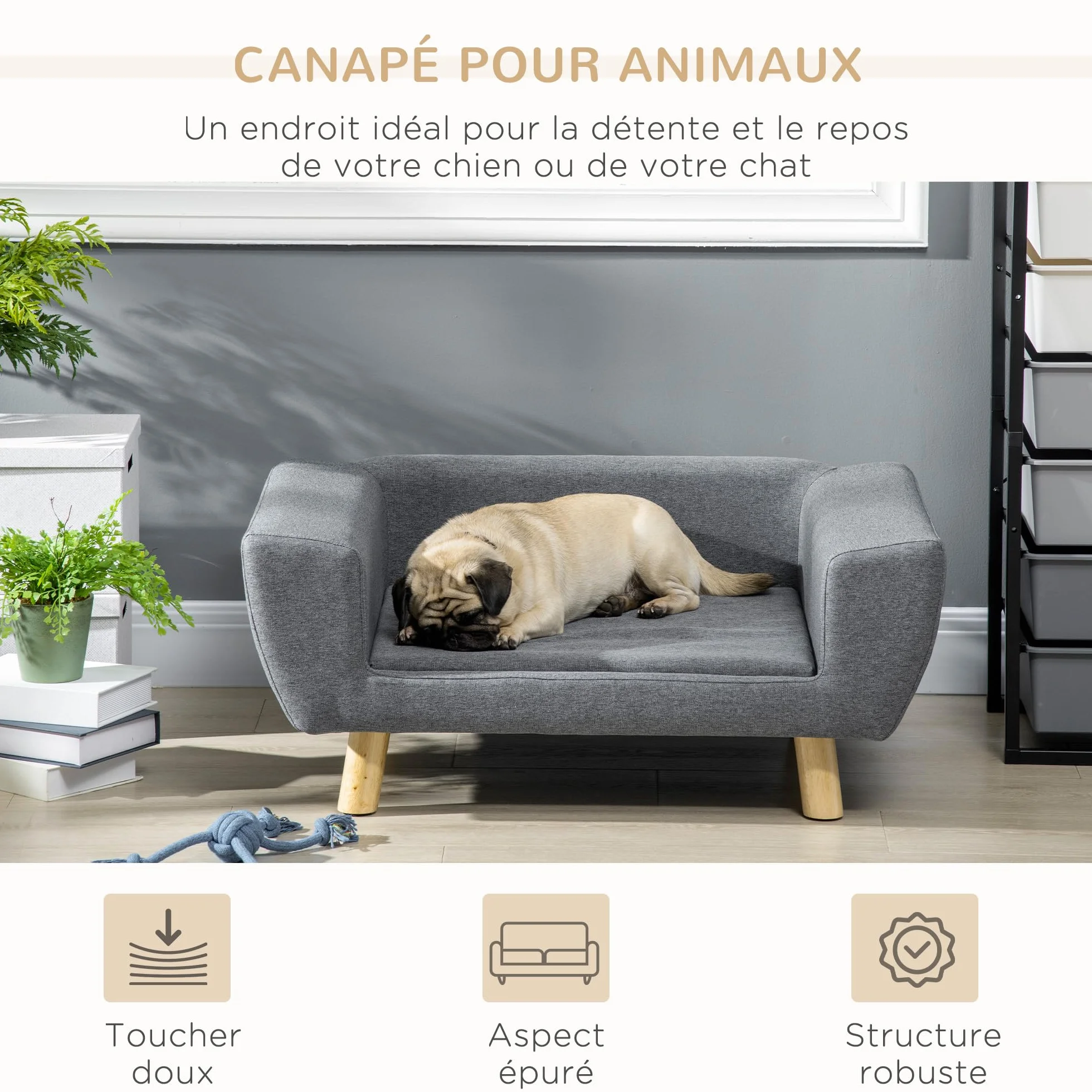 PawHut Canapé Chien Lit Scandinave Pieds Bois Massif 87x61x36 cm Polyester Gris
