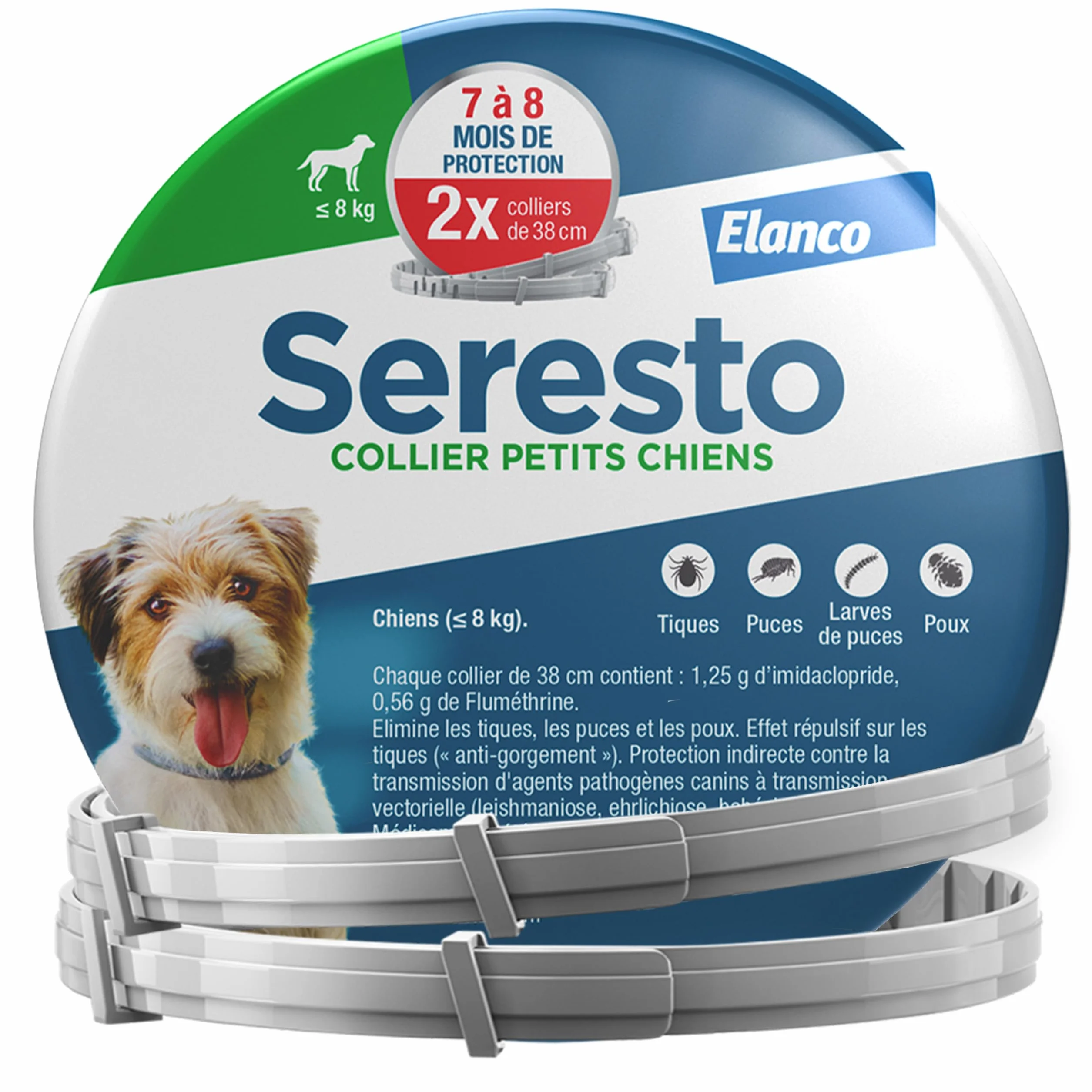 Seresto Collier Petits Chiens 2 Colliers anti puces anti tiques longue durée 7-8 mois Gris
