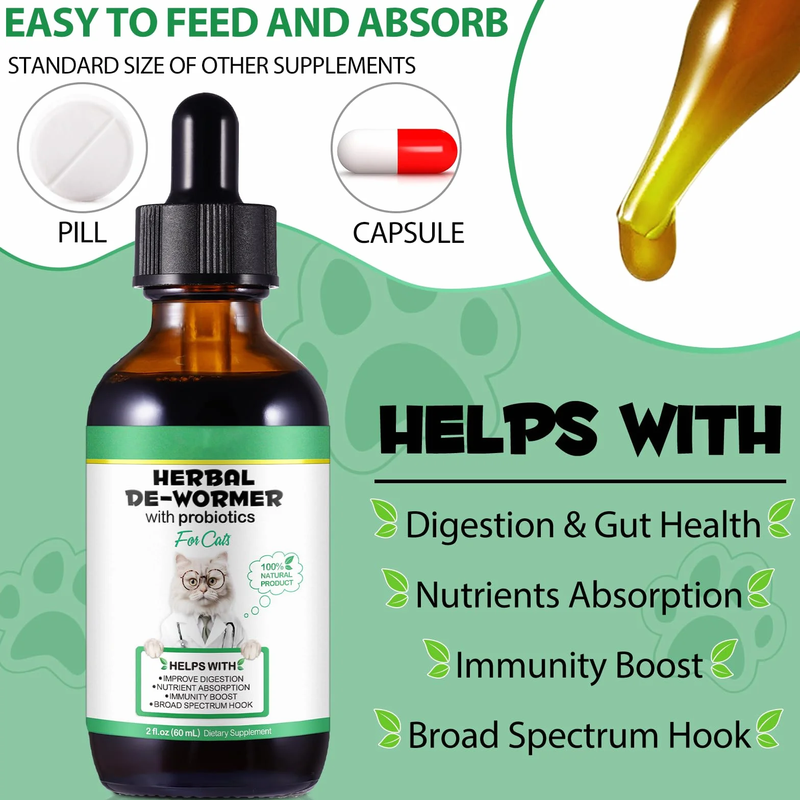 HEXIN Vermifuge pour chat 60 ml, vermifuge à base de plantes avec probiotiques – Anti-parasites large bande