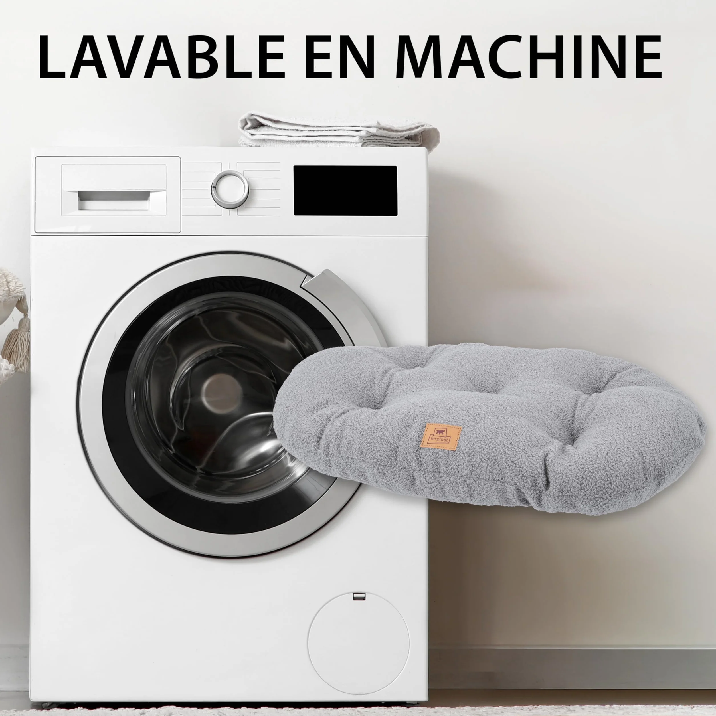 Ferplast Coussin pour Chien Taille Moyenne Panier pour Chat Tissu bouclé Lavable 65 x 42 x 4 cm Gris