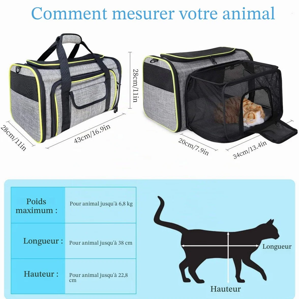 Sac de Transport pour Chat Chien Extensible Filet Respirant Pliable avec Matelas Amovible 43x28x28cm