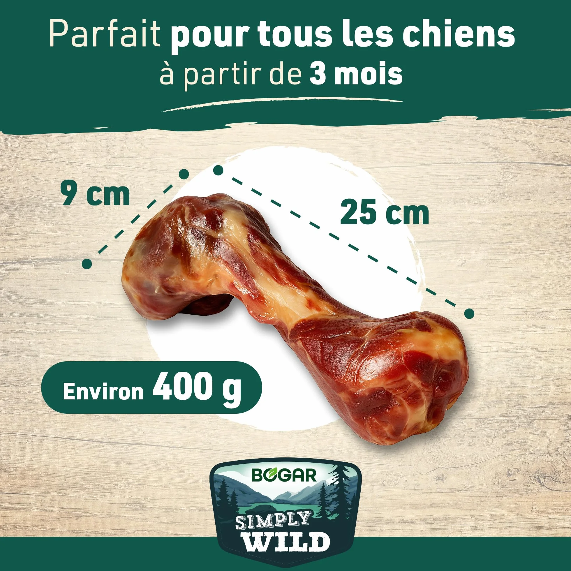 Bogar Simply Wild Friandises pour Chien Os de Jambon 100% Fémur de Porc Séché Aide à la Mastication