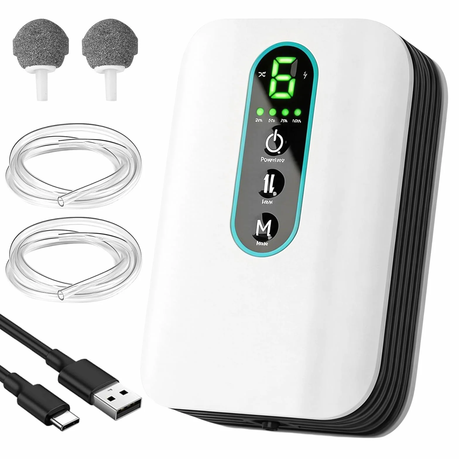 Behogan Pompe à air pour aquarium rechargeable 1,8W 1 sortie deux modes silencieuse débit réglable 6 niveaux