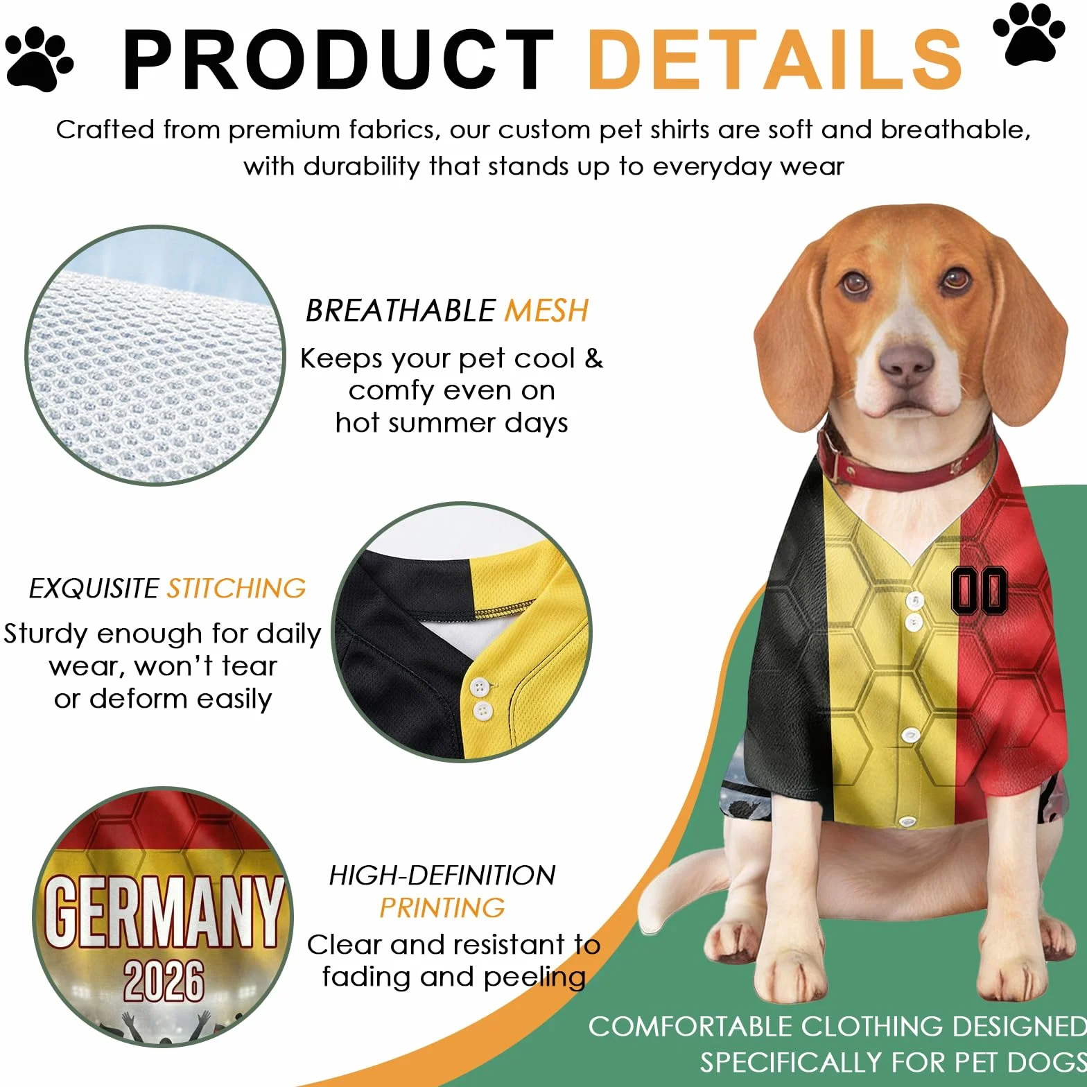 Maillot de Foot Personnalisé Coupe du Monde 2026 pour Chien, Col V, Tricolore