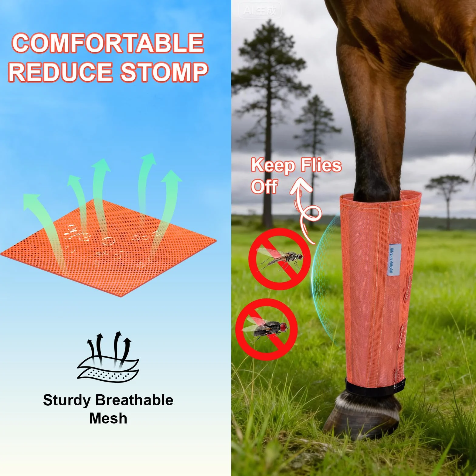 Bottes anti-mouches pour chevaux Lot de 4 - Maille ample réglable - Orange